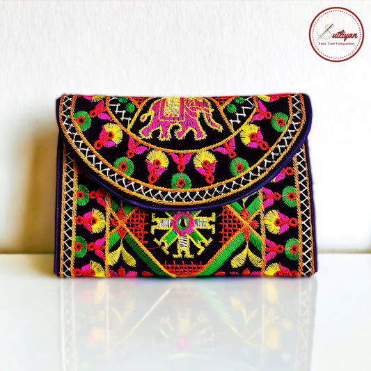 SUTLIYAN Gujarati Handmade Double-Sided Embroidery Black Small Clutch (6*8 Inch)