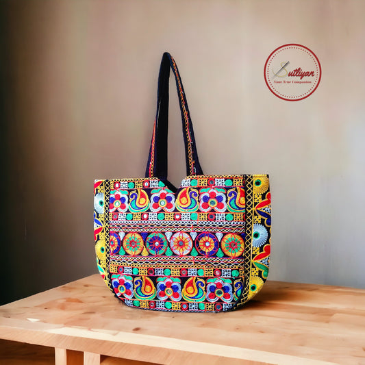 SUTLIYAN Gujarati Double-Sided Handmade Embroidery Multicolor Large Tote Bag for Women (14*20 Inch)