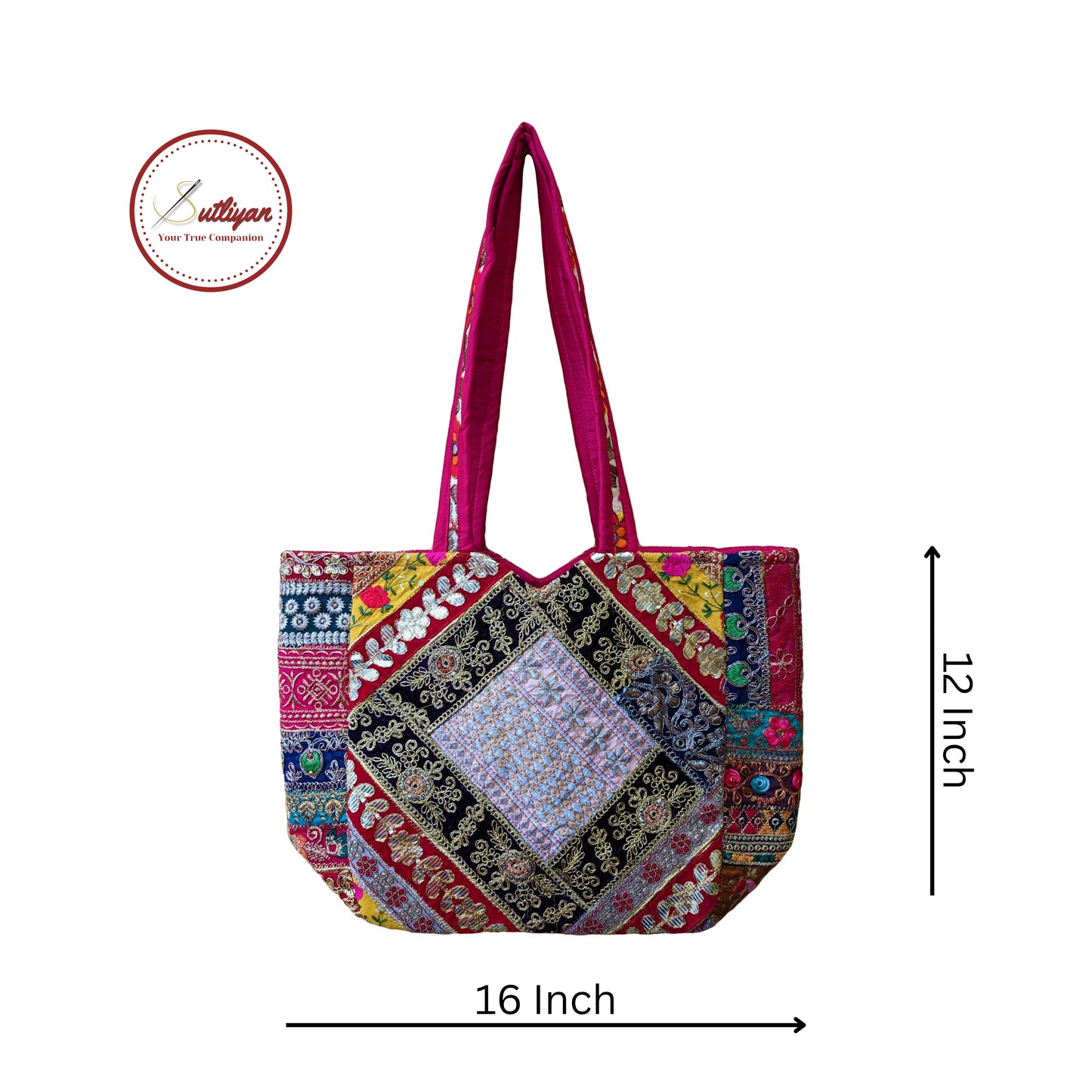 SUTLIYAN Handmade Double-Sided Patch Work Multicolor Regular Square Shape Tote Bag for Women (12*16 Inch)