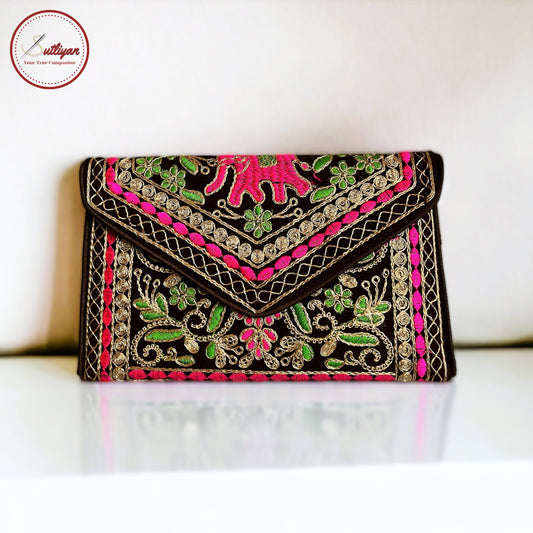 SUTLIYAN Ahmedabadi Handmade Double-Sided Aari-Zari Embroidery Brown Small Clutch (6*8 Inch)