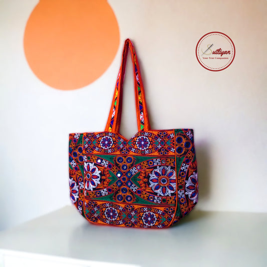 SUTLIYAN Gujarati Double-Sided Handmade Embroidery Orange Regular Tote Bag for Women (12 * 16 Inch)