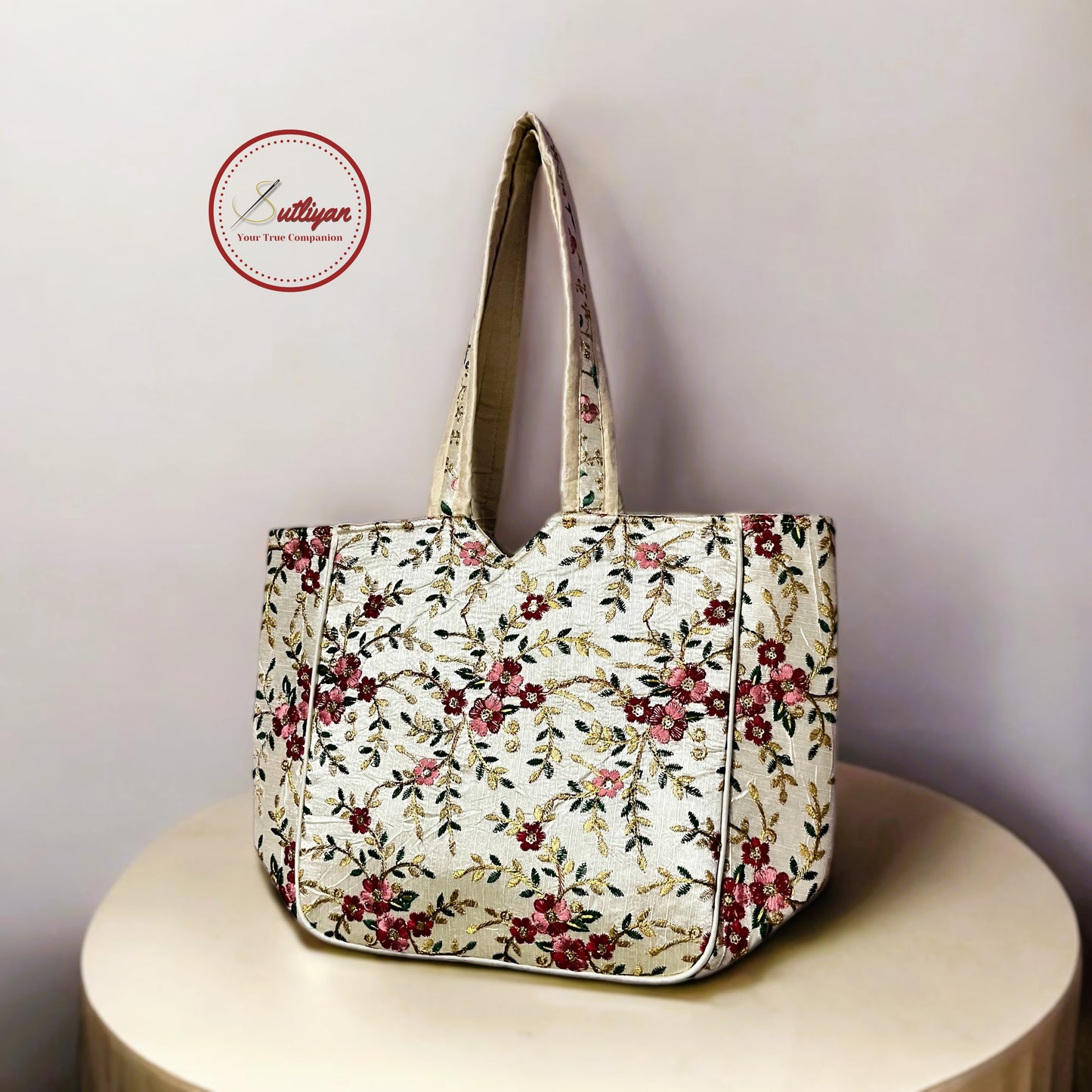 SUTLIYAN Ahmedabadi Handmade Embroidery Small Flower Design White Regular Tote Bag for Women (12 * 16 Inch)