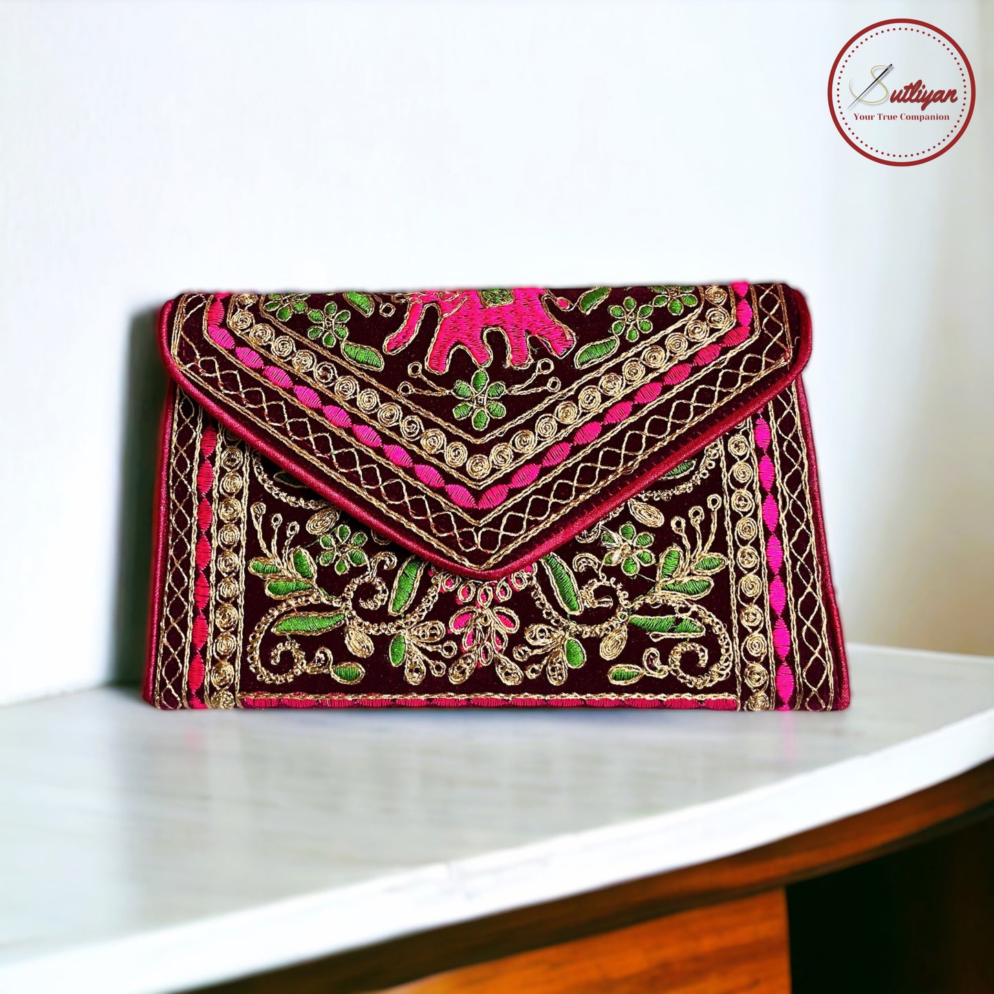 SUTLIYAN Ahmedabadi Handmade Double-Sided Aari-Zari Embroidery Brown Small Clutch (6*8 Inch)