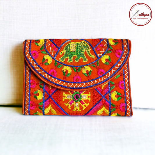 SUTLIYAN Gujarati Handmade Double-Sided Embroidery Orange Small Clutch (6*8 Inch)