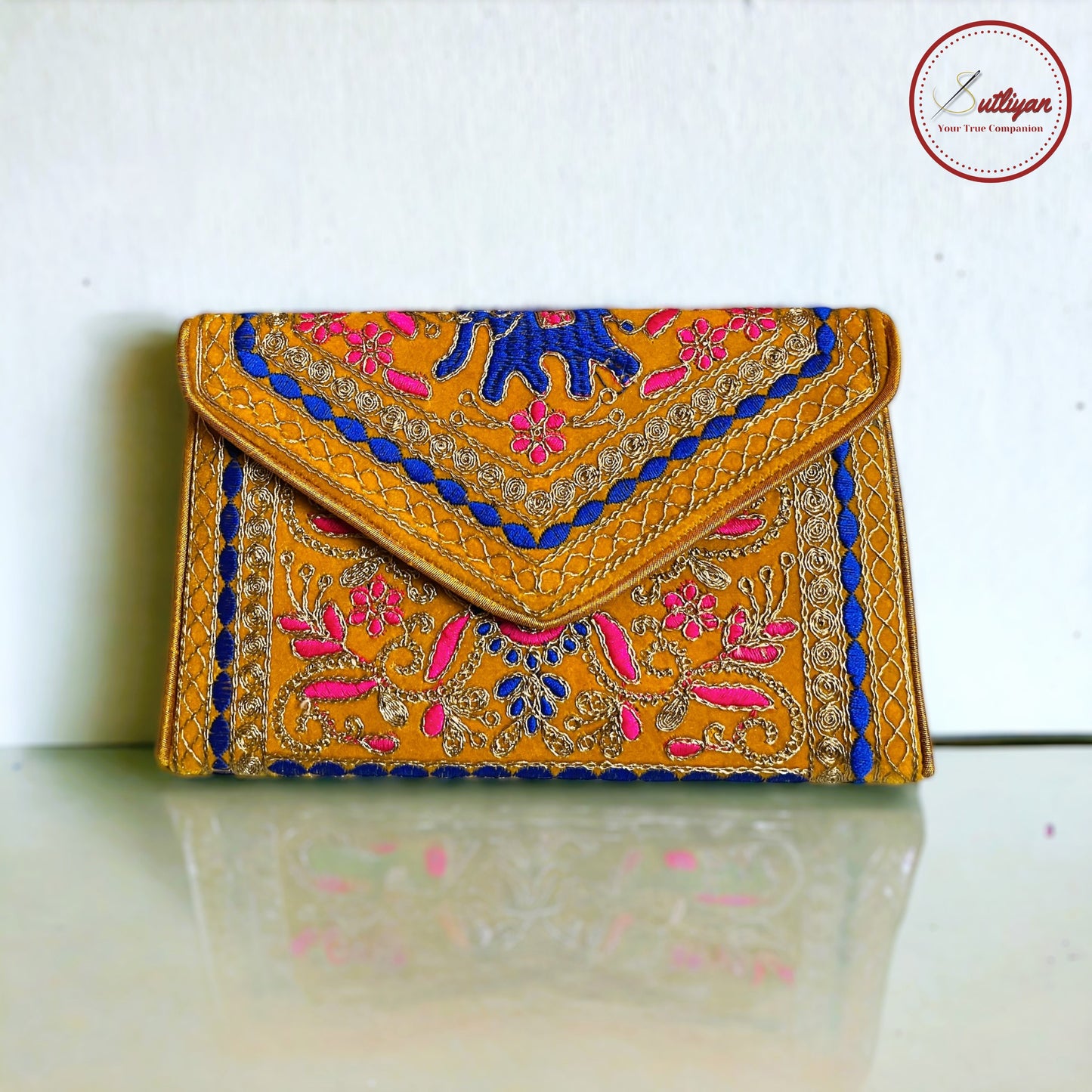 SUTLIYAN Ahmedabadi Handmade Double-Sided Aari-Zari Embroidery Brown Small Clutch (6*8 Inch)