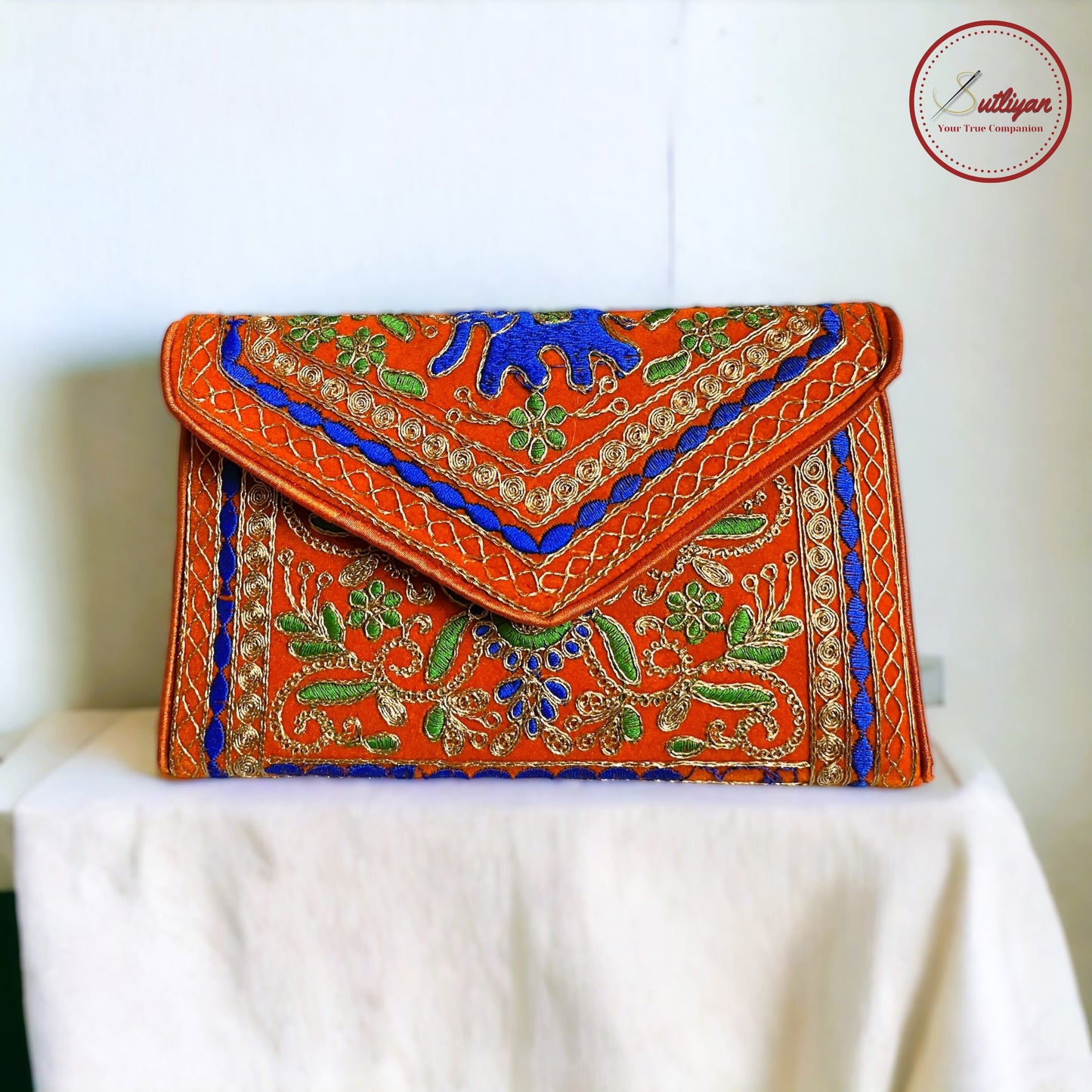 SUTLIYAN Ahmedabadi Handmade Double-Sided Aari-Zari Embroidery Brown Small Clutch (6*8 Inch)