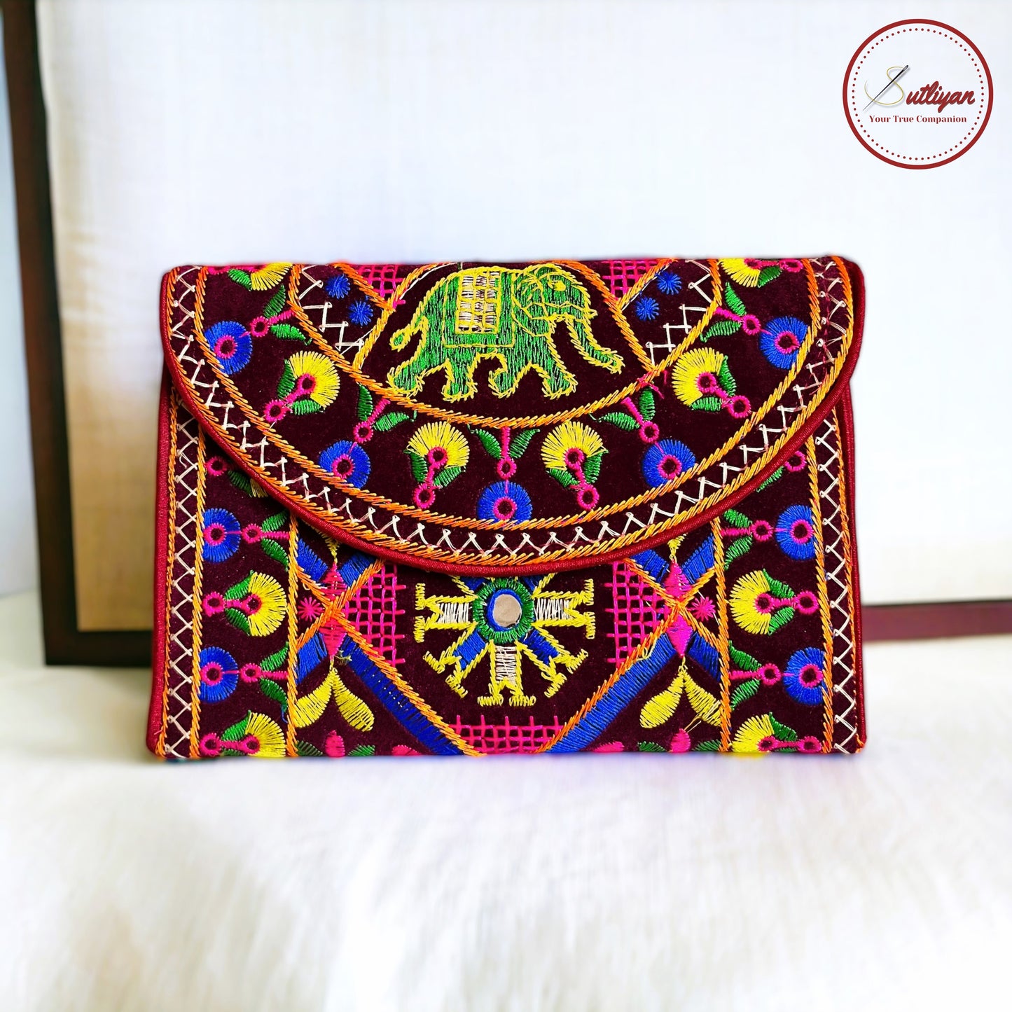 SUTLIYAN Gujarati Handmade Double-Sided Embroidery Maroon Small Clutch (6*8 Inch)