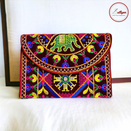 SUTLIYAN Gujarati Handmade Double-Sided Embroidery Maroon Small Clutch (6*8 Inch)