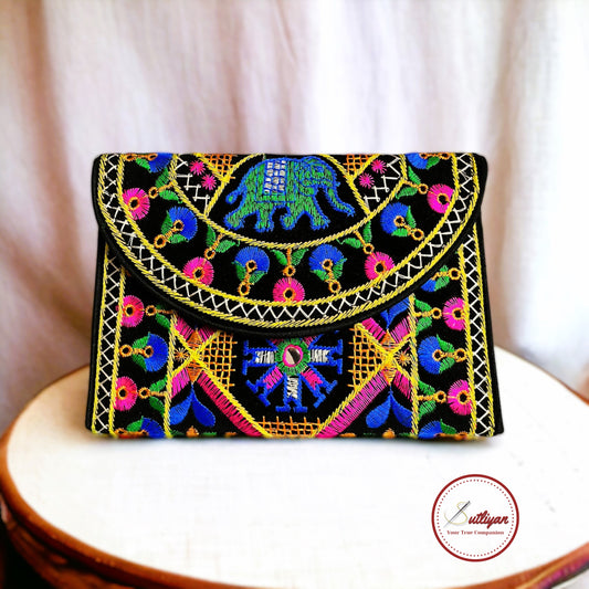 SUTLIYAN Gujarati Handmade Double-Sided Embroidery Blue Small Clutch (6*8 Inch)