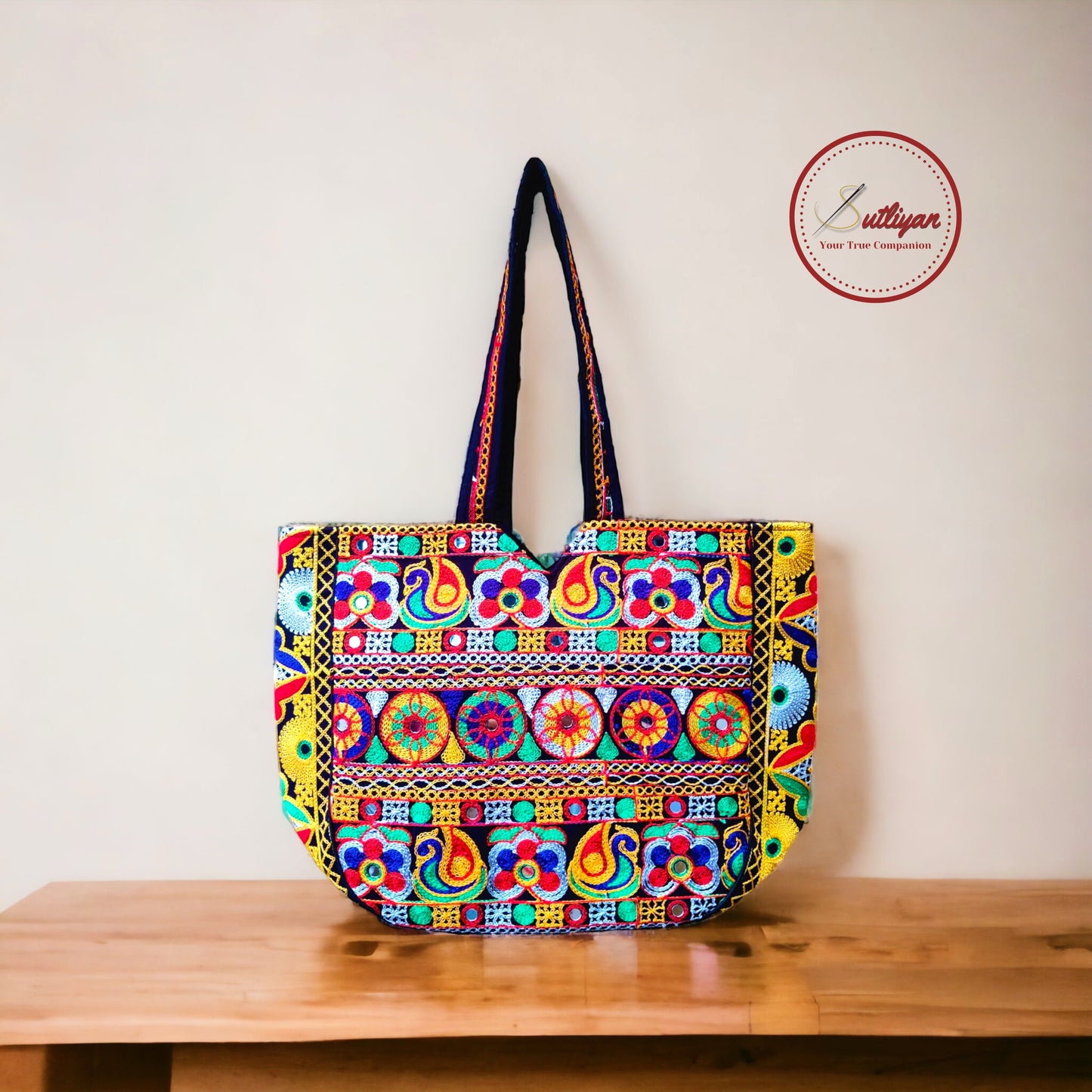 SUTLIYAN Gujarati Double-Sided Handmade Embroidery Multicolor Large Tote Bag for Women (14*20 Inch)