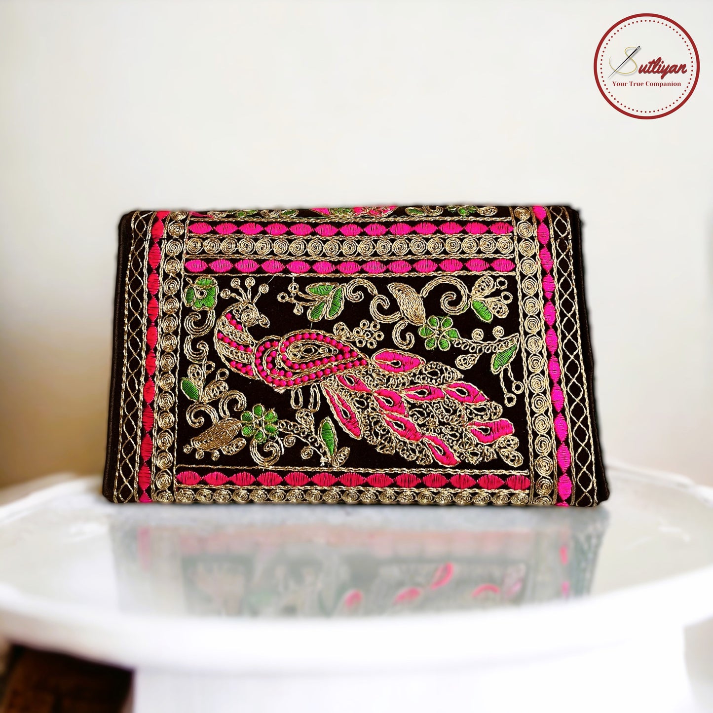 SUTLIYAN Ahmedabadi Handmade Double-Sided Aari-Zari Embroidery Brown Small Clutch (6*8 Inch)