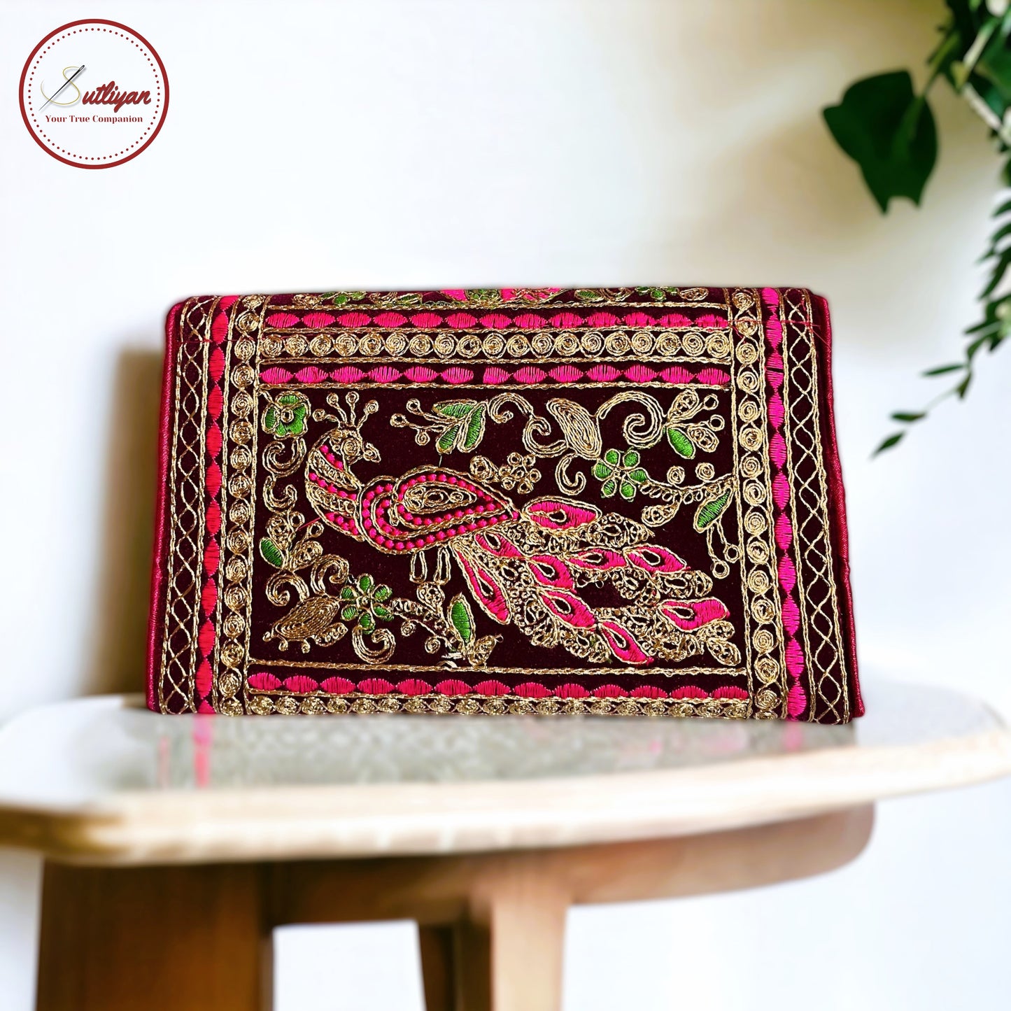 SUTLIYAN Ahmedabadi Handmade Double-Sided Aari-Zari Embroidery Brown Small Clutch (6*8 Inch)