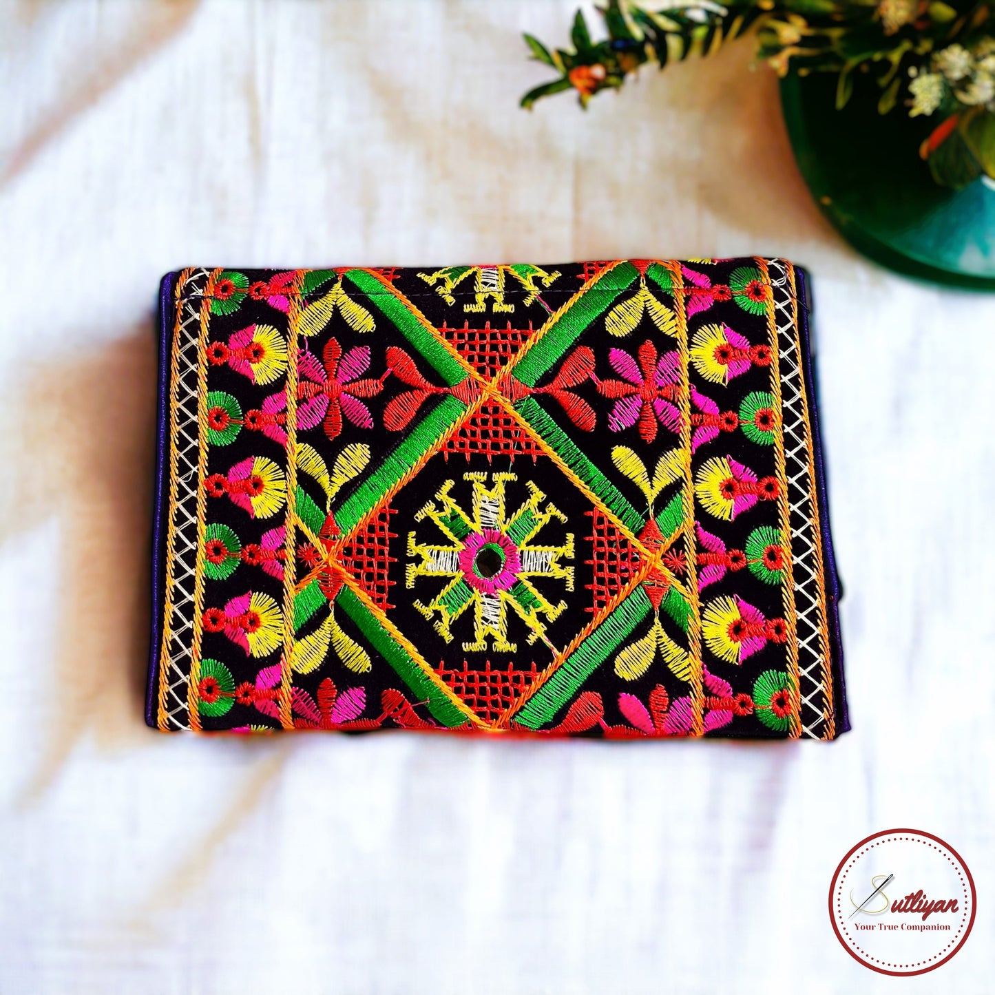 SUTLIYAN Gujarati Handmade Double-Sided Embroidery Black Small Clutch (6*8 Inch)