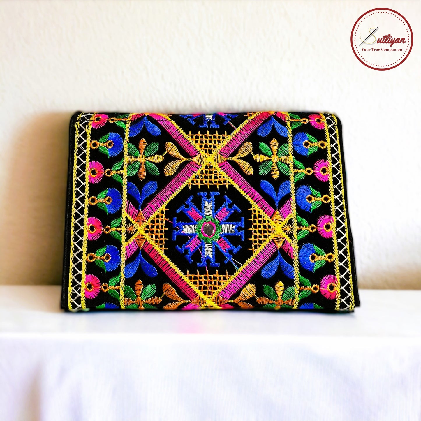 SUTLIYAN Gujarati Handmade Double-Sided Embroidery Blue Small Clutch (6*8 Inch)