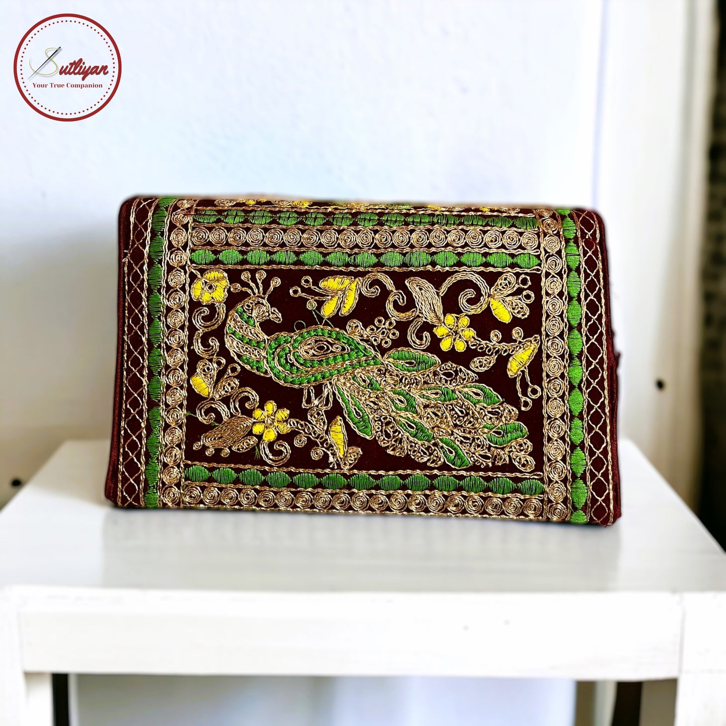 SUTLIYAN Ahmedabadi Handmade Double-Sided Aari-Zari Embroidery Brown Small Clutch (6*8 Inch)