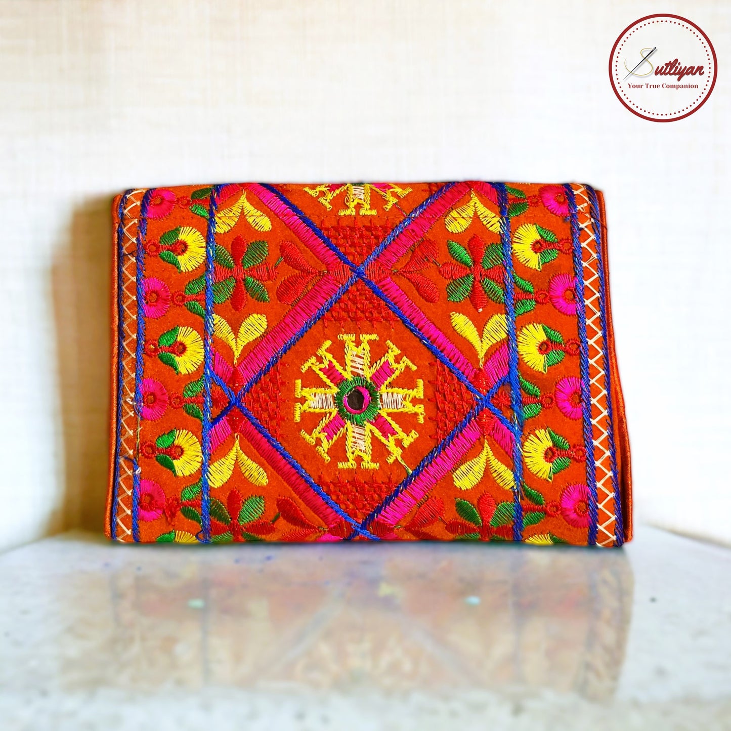 SUTLIYAN Gujarati Handmade Double-Sided Embroidery Orange Small Clutch (6*8 Inch)