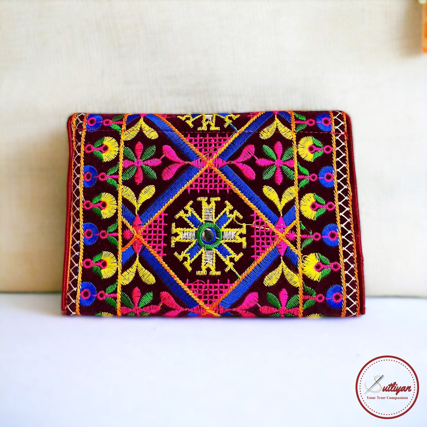 SUTLIYAN Gujarati Handmade Double-Sided Embroidery Maroon Small Clutch (6*8 Inch)