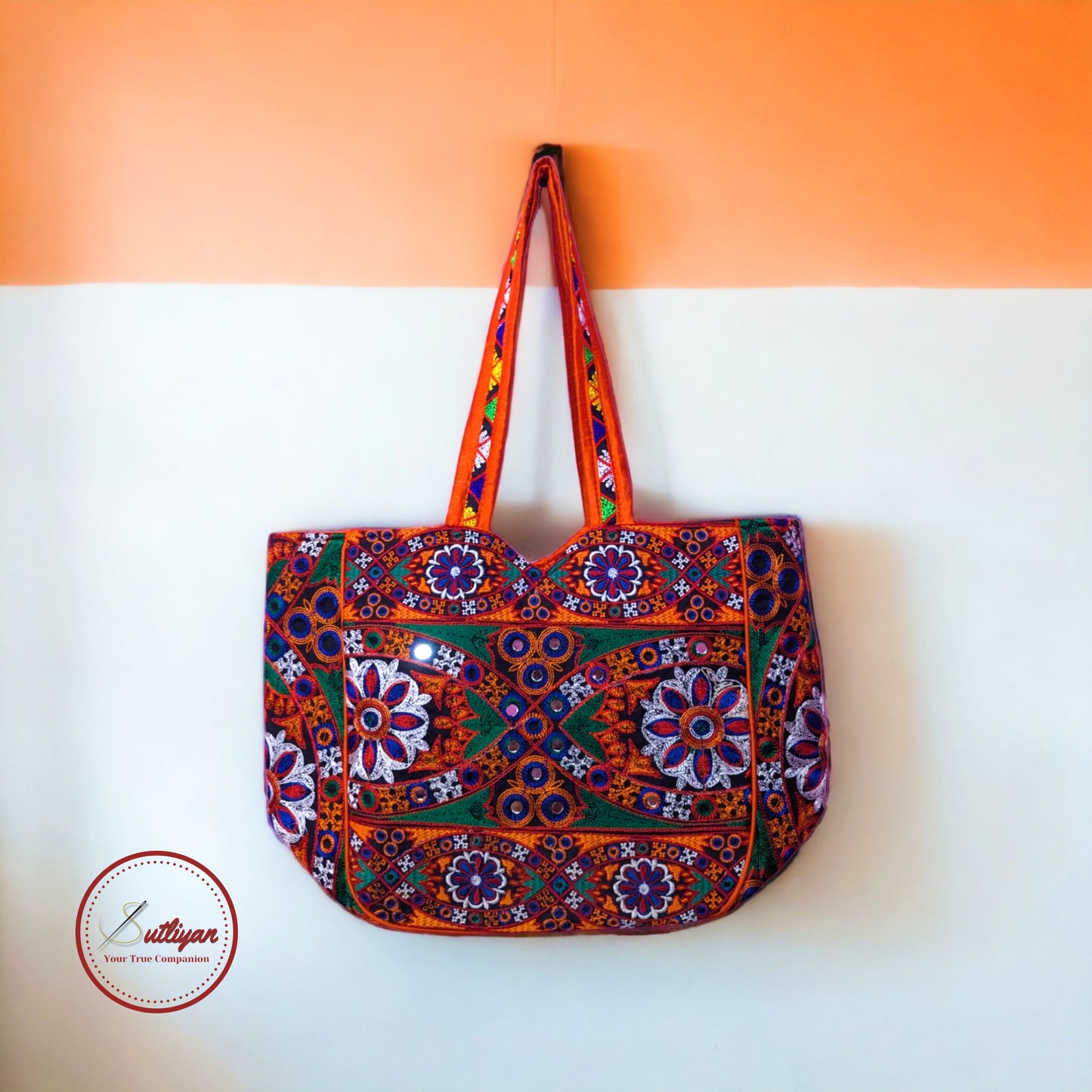 SUTLIYAN Gujarati Double-Sided Handmade Embroidery Orange Regular Tote Bag for Women (12 * 16 Inch)