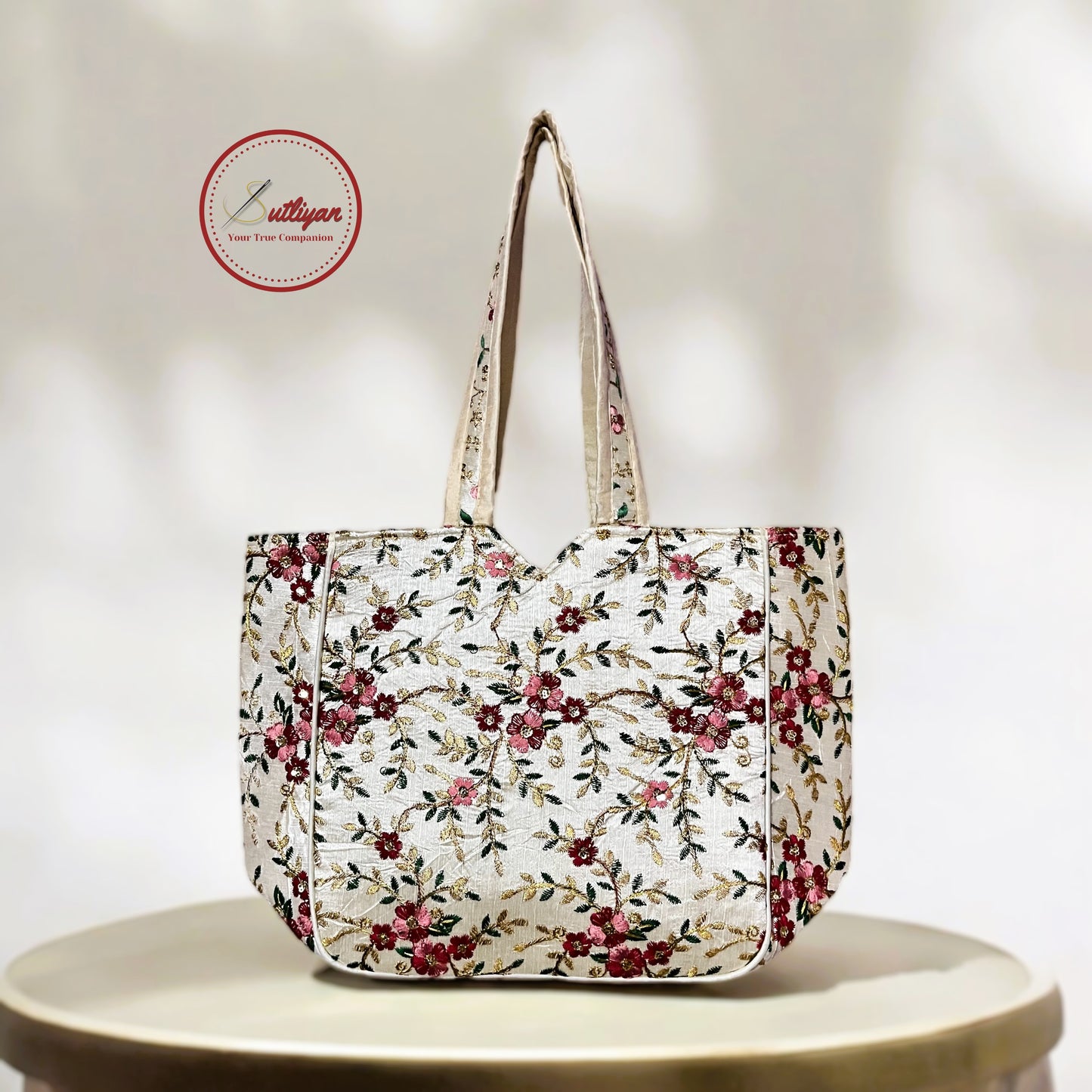 SUTLIYAN Ahmedabadi Handmade Embroidery Small Flower Design White Regular Tote Bag for Women (12 * 16 Inch)