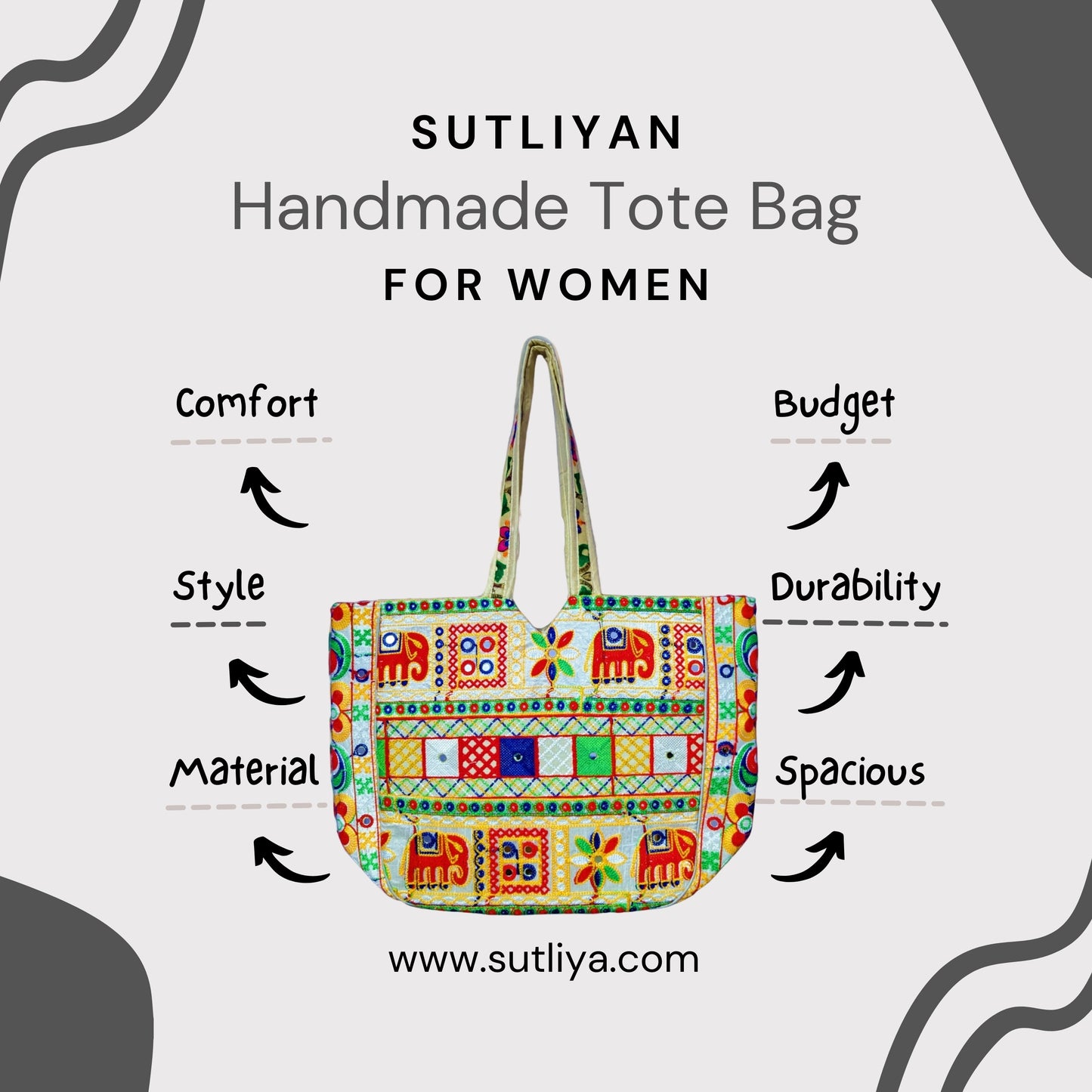 SUTLIYAN Jaipuri Double-Sided Embroidery Elephant Design White Large Tote Bag for Women (14*19 Inch)