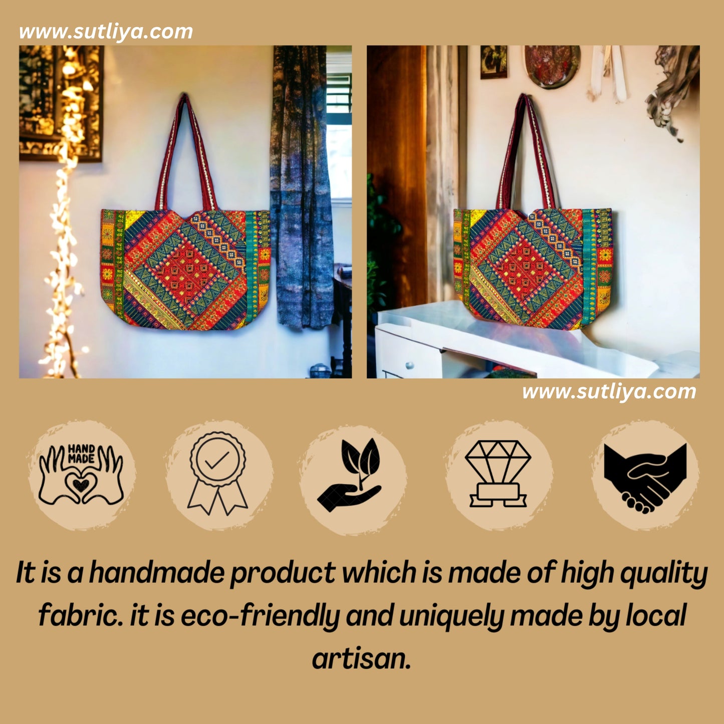 SUTLIYAN Rajasthani Handmade Double Sided Embroidery Large Tote Bag for Women (14*20 Inch)