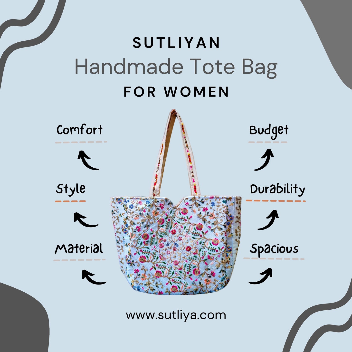 SUTLIYAN Jaipuri Handmade Double Sided Embroidery White Large Tote Bag for Women (14*20 Inch)