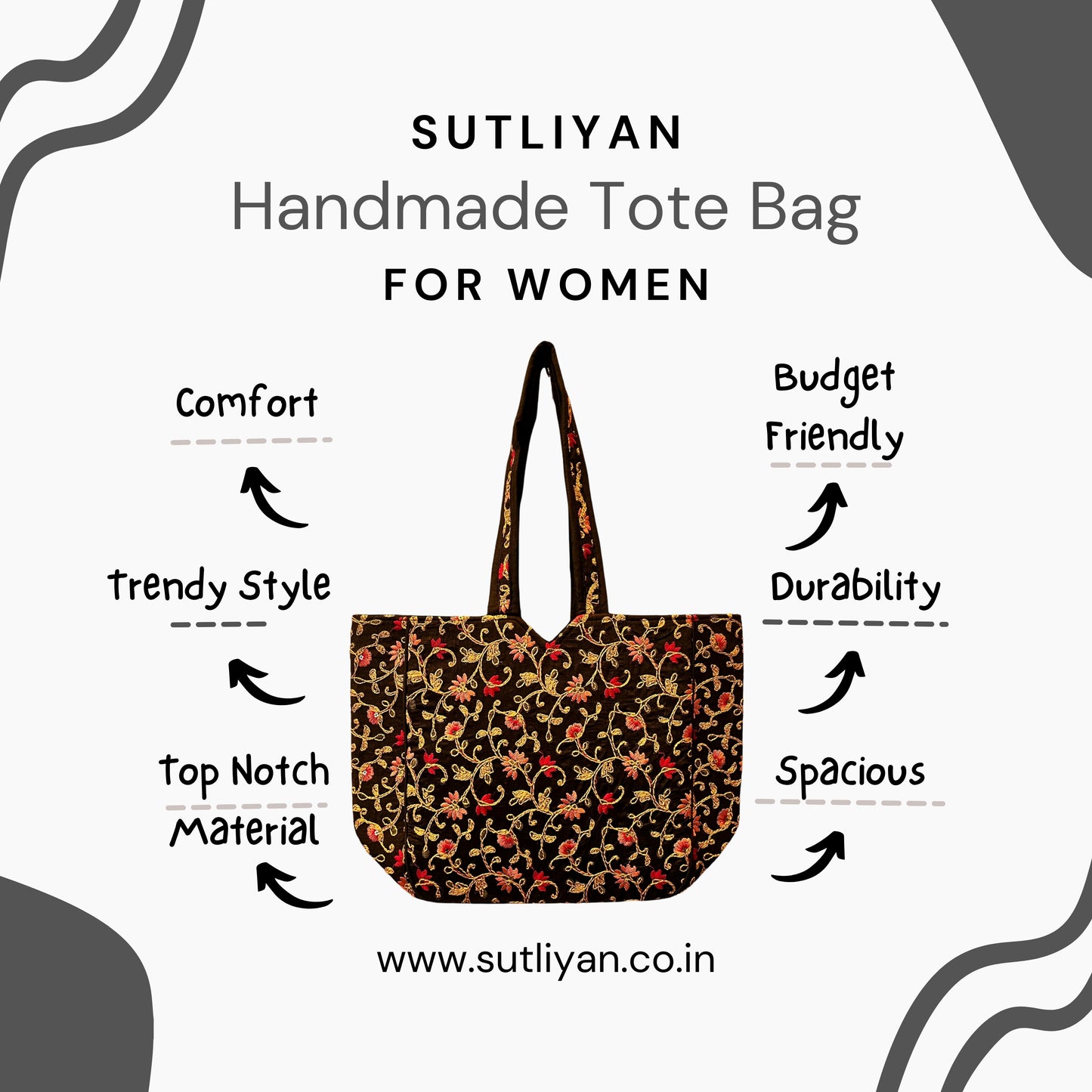 SUTLIYAN Ahmedabadi Handmade Double-Sided Embroidery Black Regular Tote Bag for Women (12 * 16 Inch)