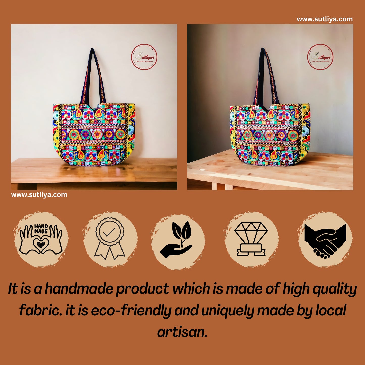 SUTLIYAN Gujarati Double-Sided Handmade Embroidery Multicolor Large Tote Bag for Women (14*20 Inch)