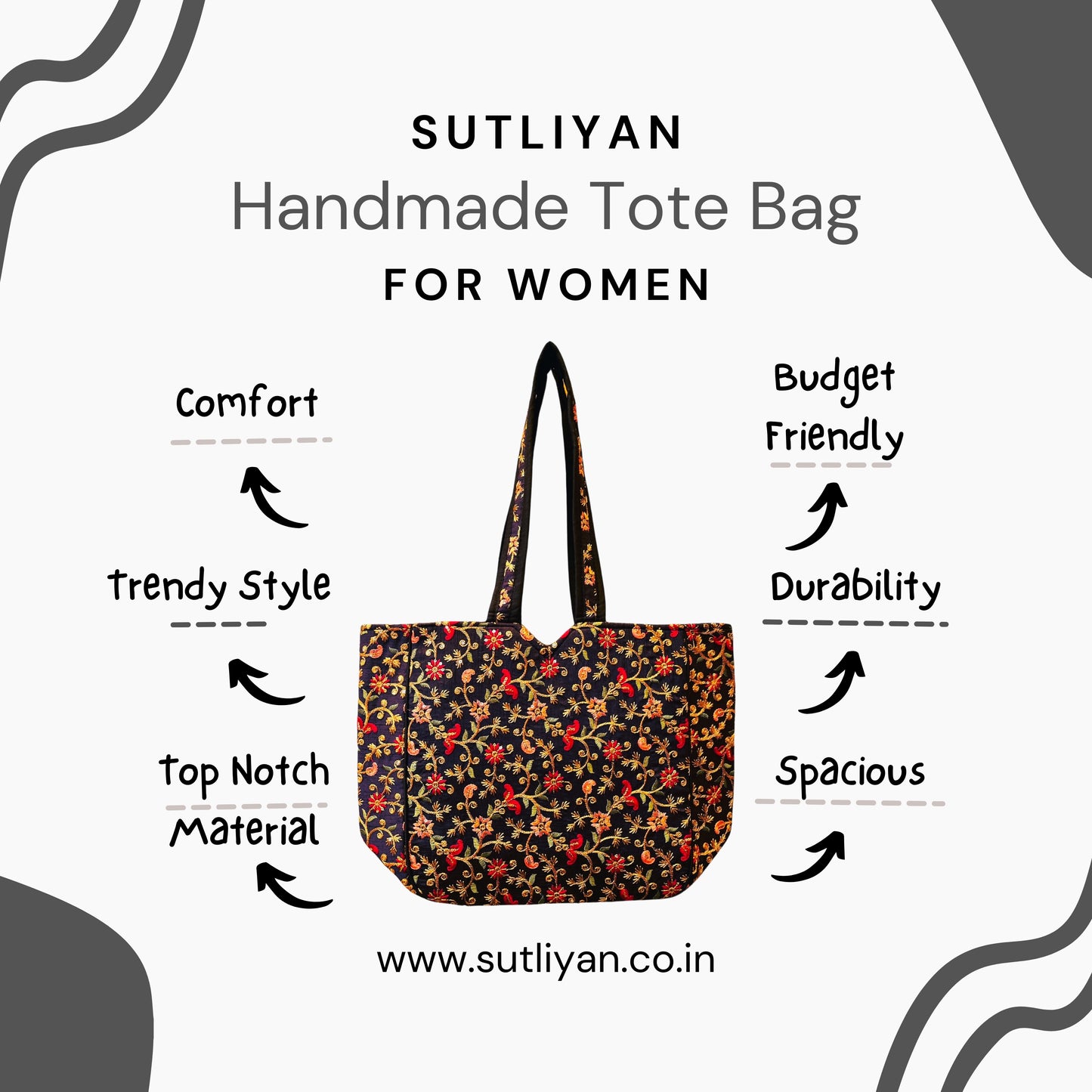 SUTLIYAN Ahmedabadi Handmade Double-Sided Embroidery Blue Regular Tote Bag for Women (12 * 16 Inch)