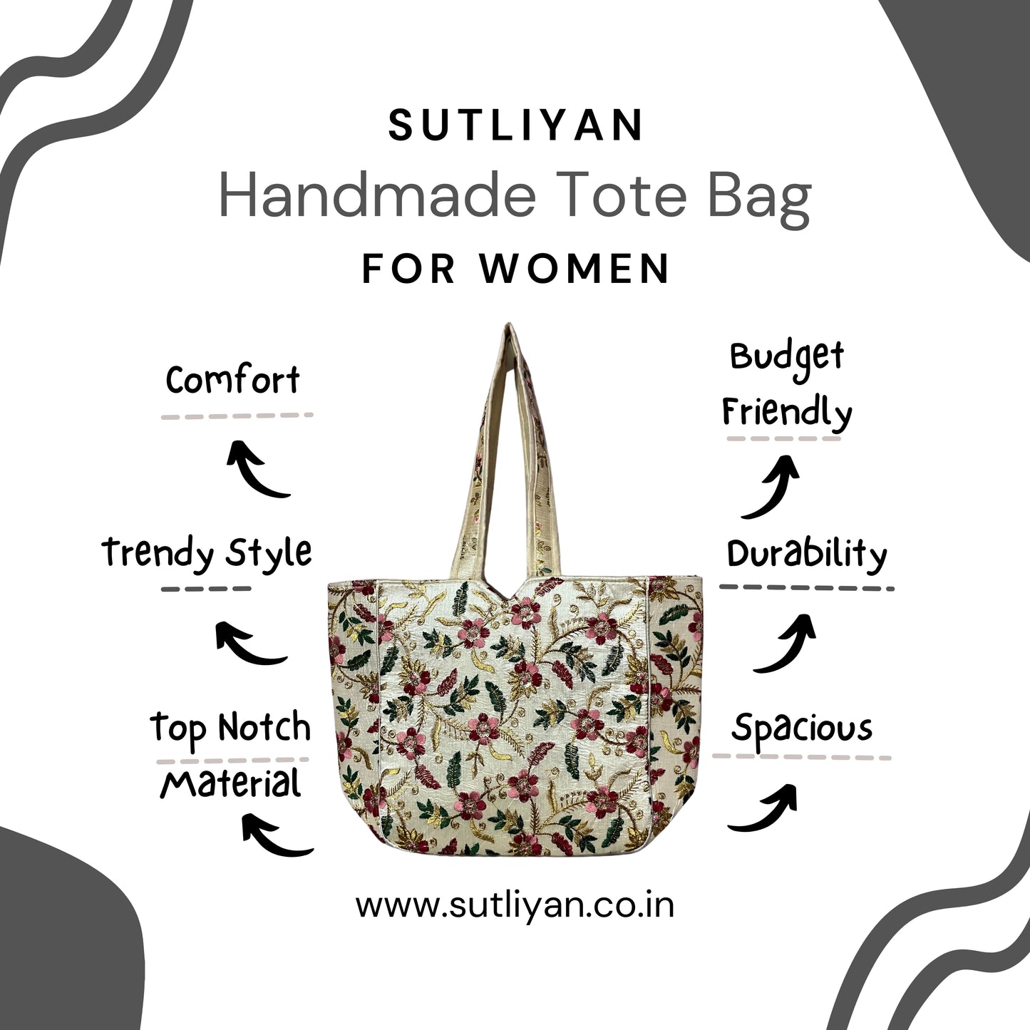 SUTLIYAN Ahmedabadi Handmade Embroidery Big Flower Design White Regular Tote Bag for Women (12 * 16 Inch)