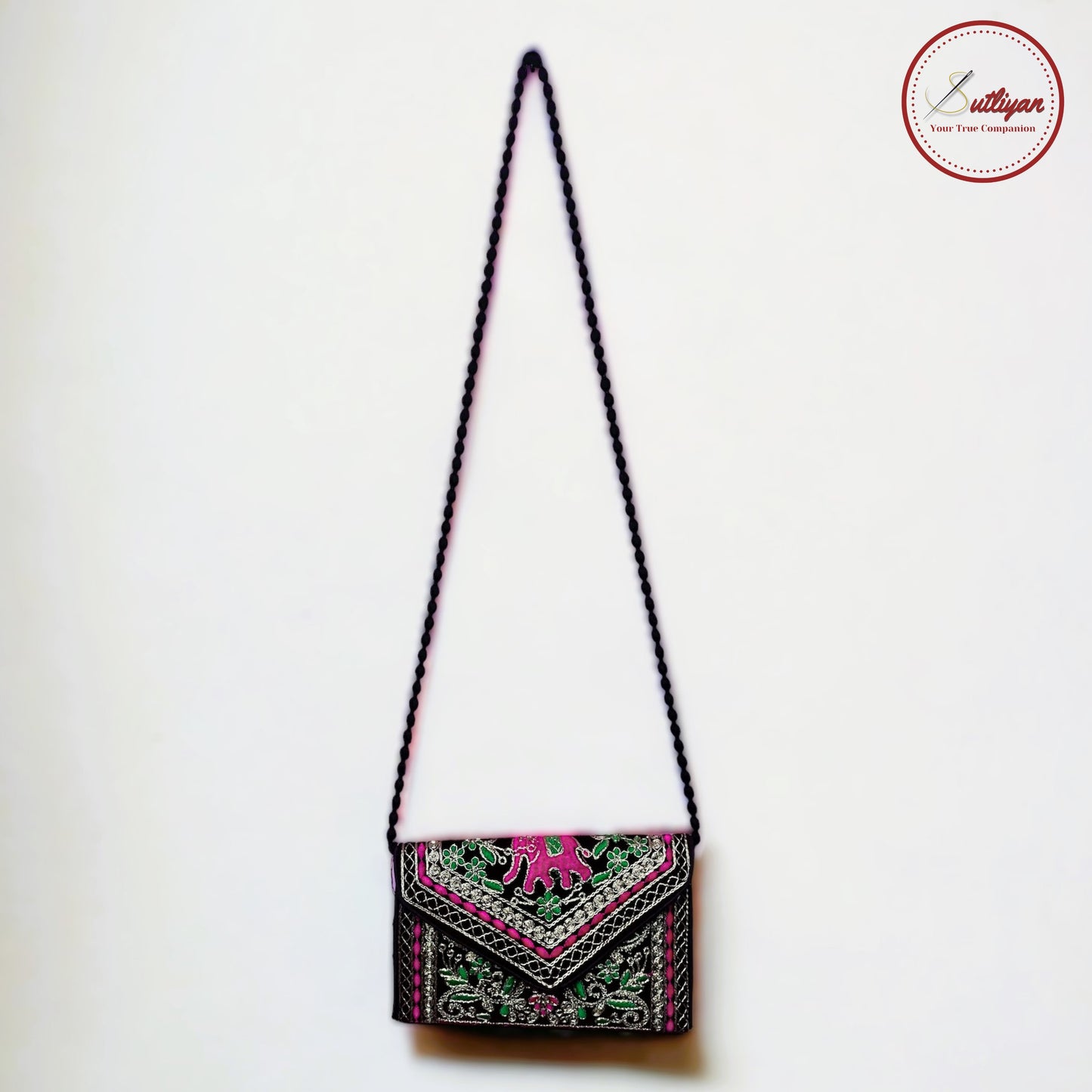 SUTLIYAN Ahmedabadi Handmade Double-Sided Aari-Zari Embroidery Brown Small Clutch (6*8 Inch)