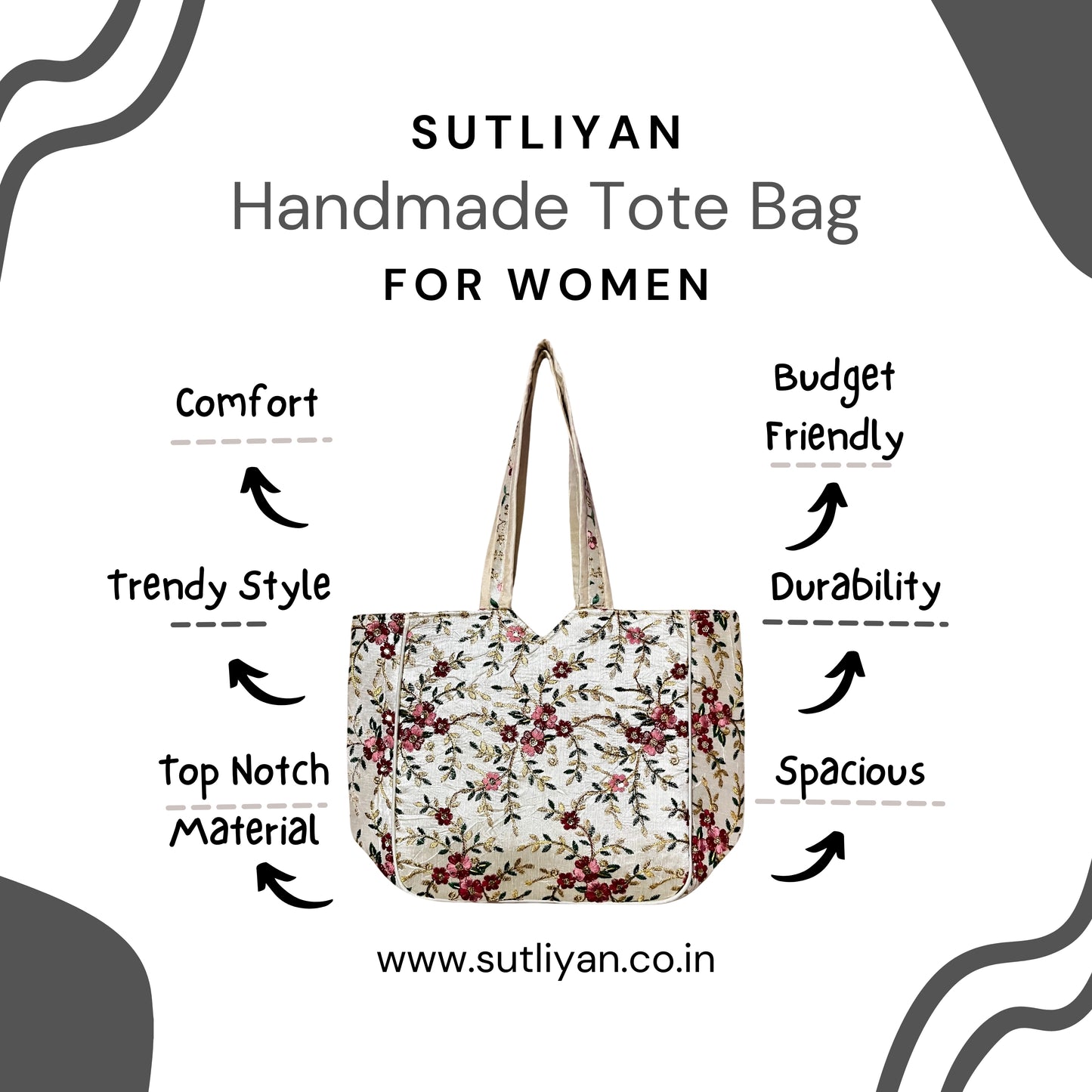 SUTLIYAN Ahmedabadi Handmade Embroidery Small Flower Design White Regular Tote Bag for Women (12 * 16 Inch)