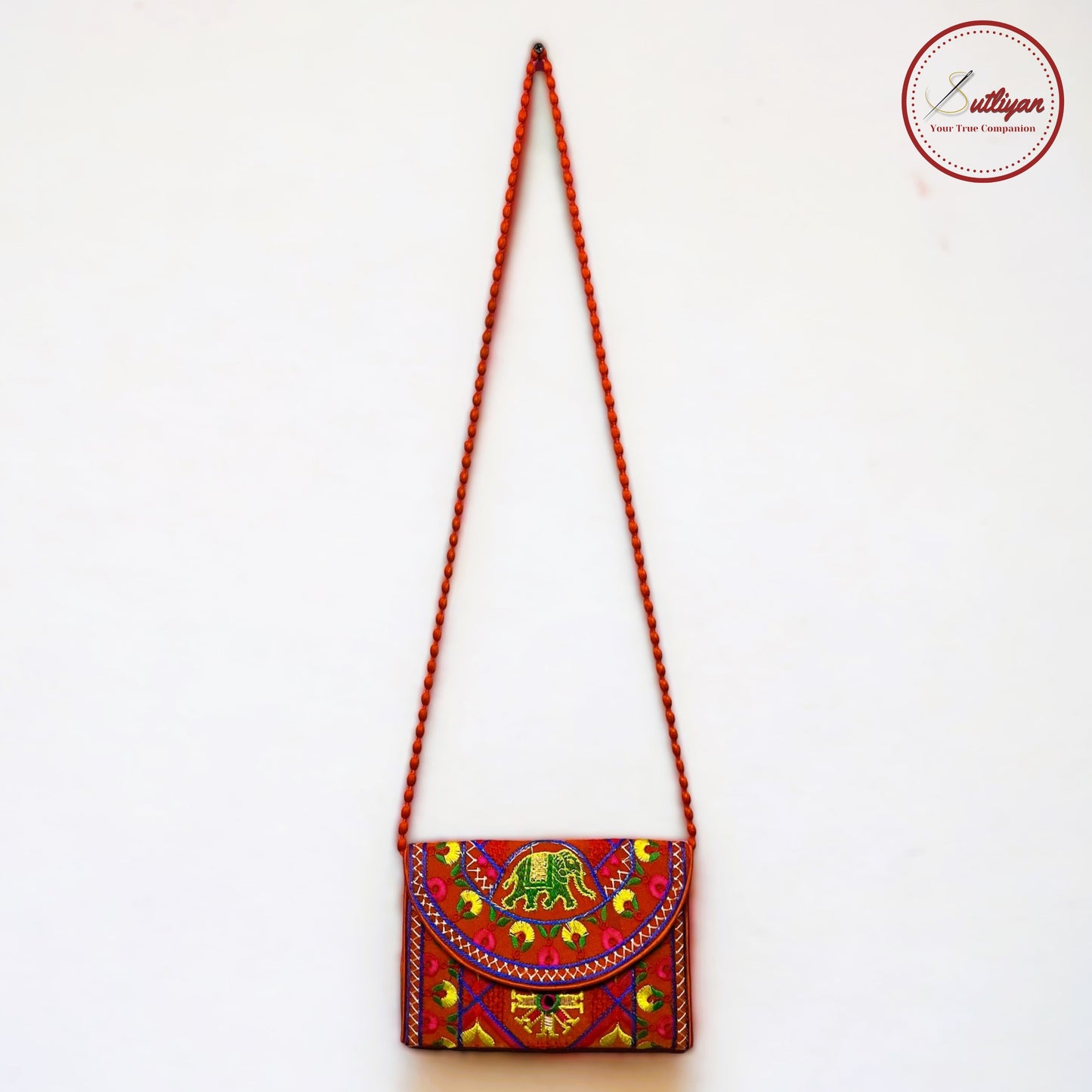 SUTLIYAN Gujarati Handmade Double-Sided Embroidery Orange Small Clutch (6*8 Inch)