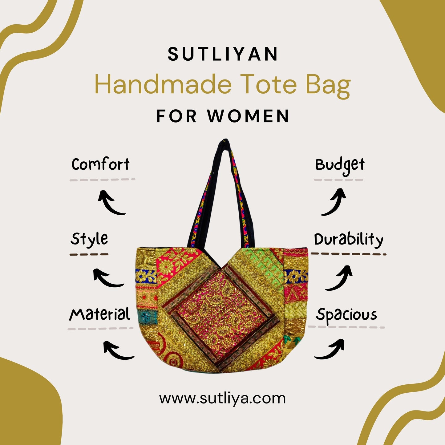 SUTLIYAN Handmade Double-Sided Patch Work Multicolor Large Tote Bag for Women (16*20 Inch)