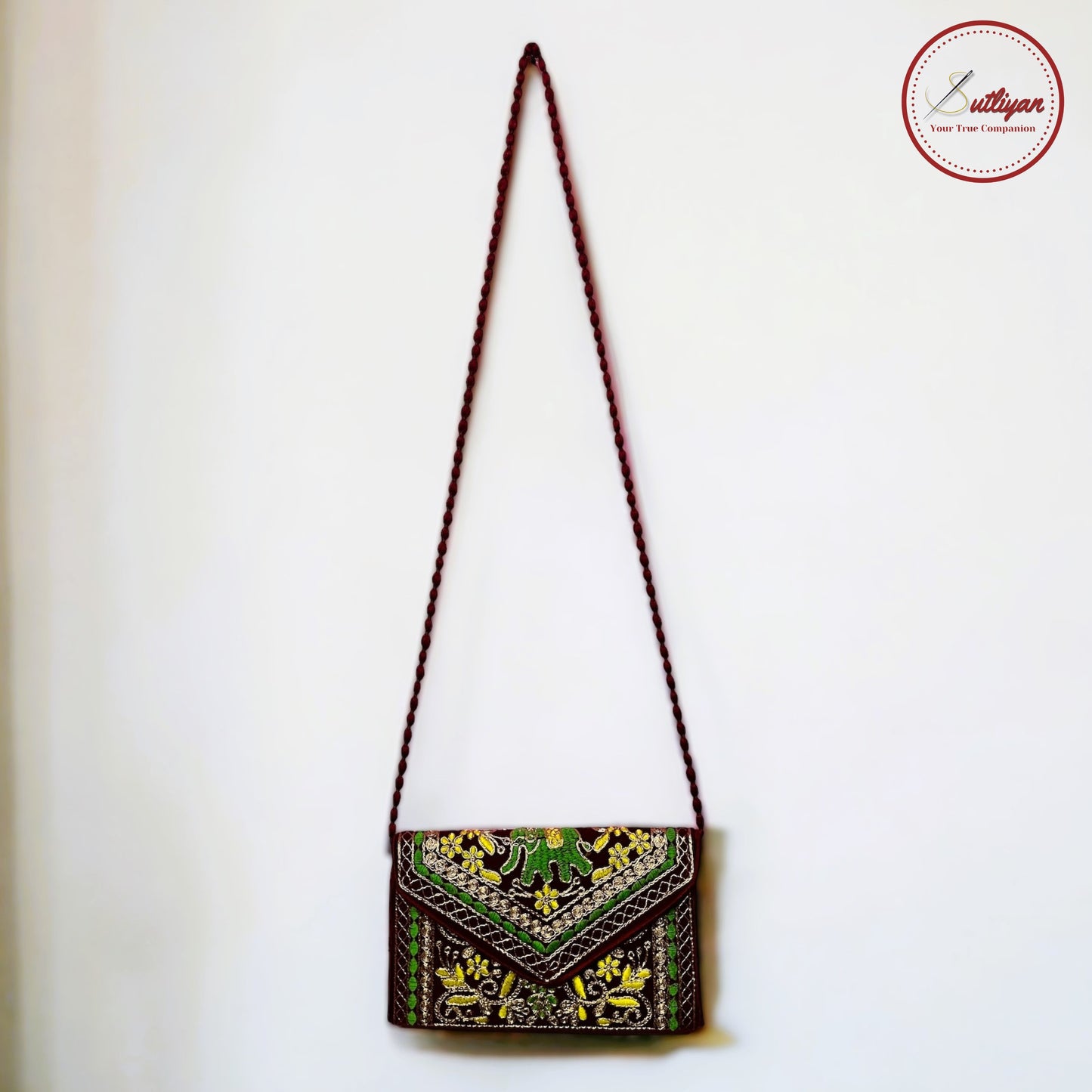 SUTLIYAN Ahmedabadi Handmade Double-Sided Aari-Zari Embroidery Brown Small Clutch (6*8 Inch)