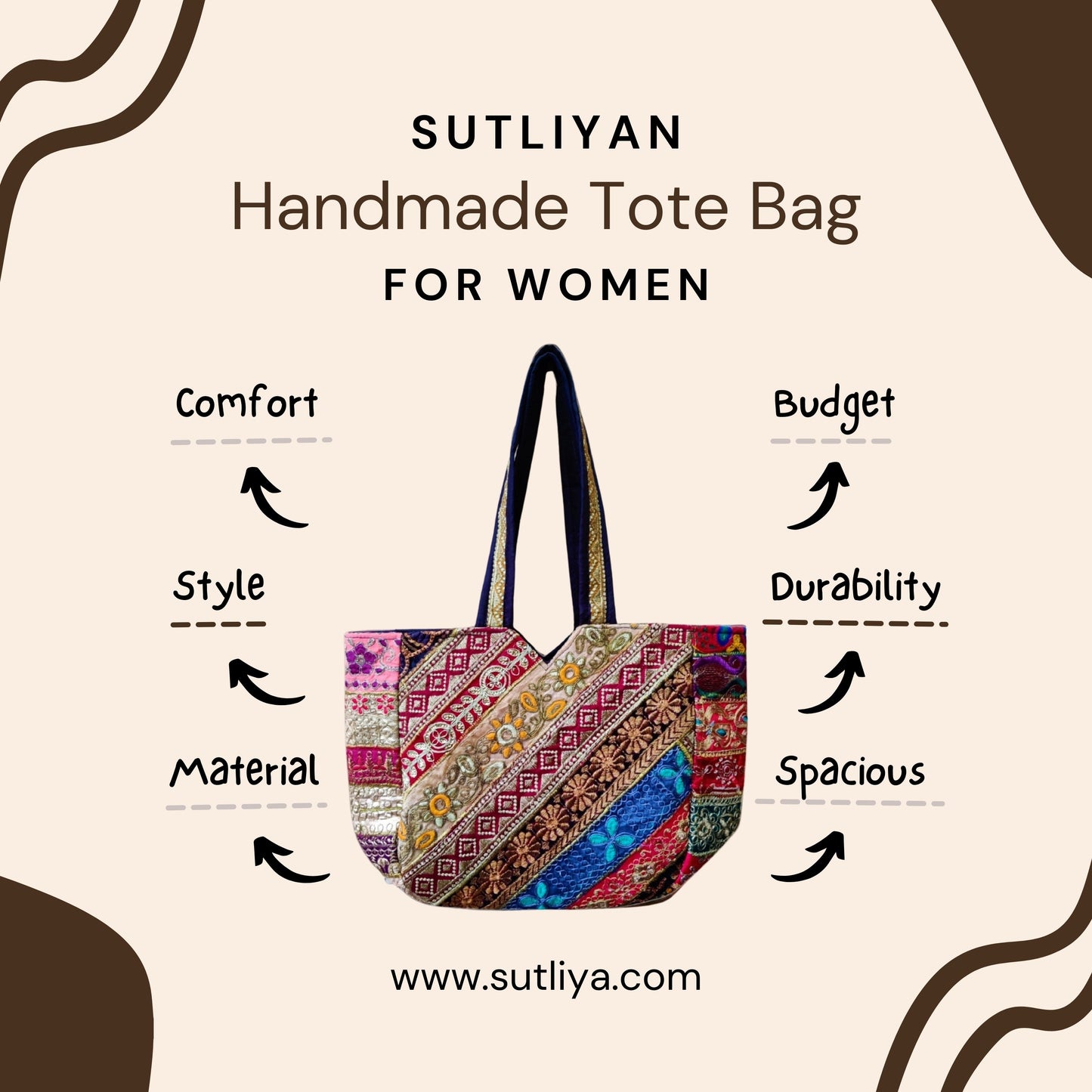 SUTLIYAN Handmade Double-Sided Patch Work Multicolor Regular Tote Bag for Women (12*16 Inch)