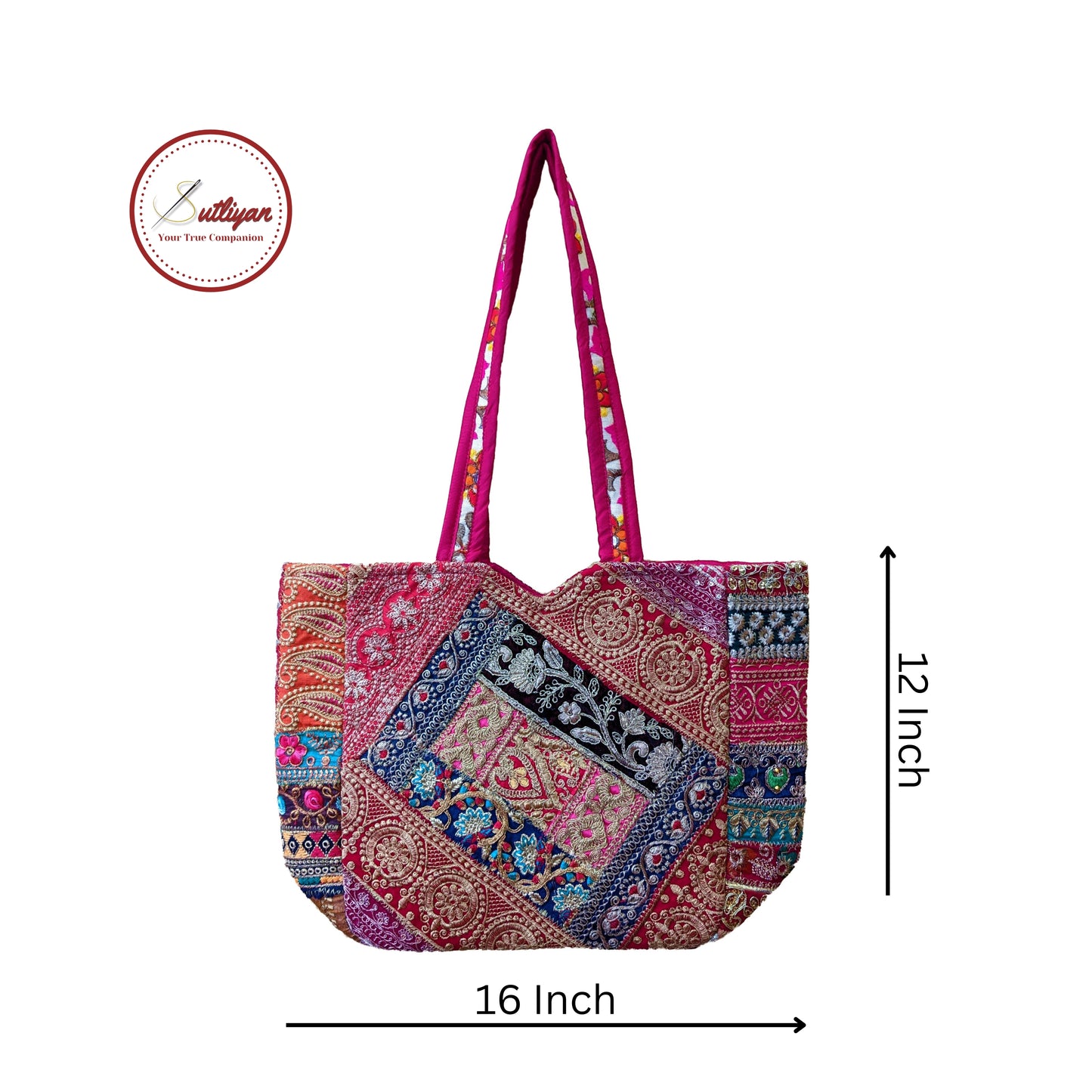 SUTLIYAN Handmade Double-Sided Patch Work Multicolor Regular Rectangle Shape Tote Bag for Women (12*16 Inch)