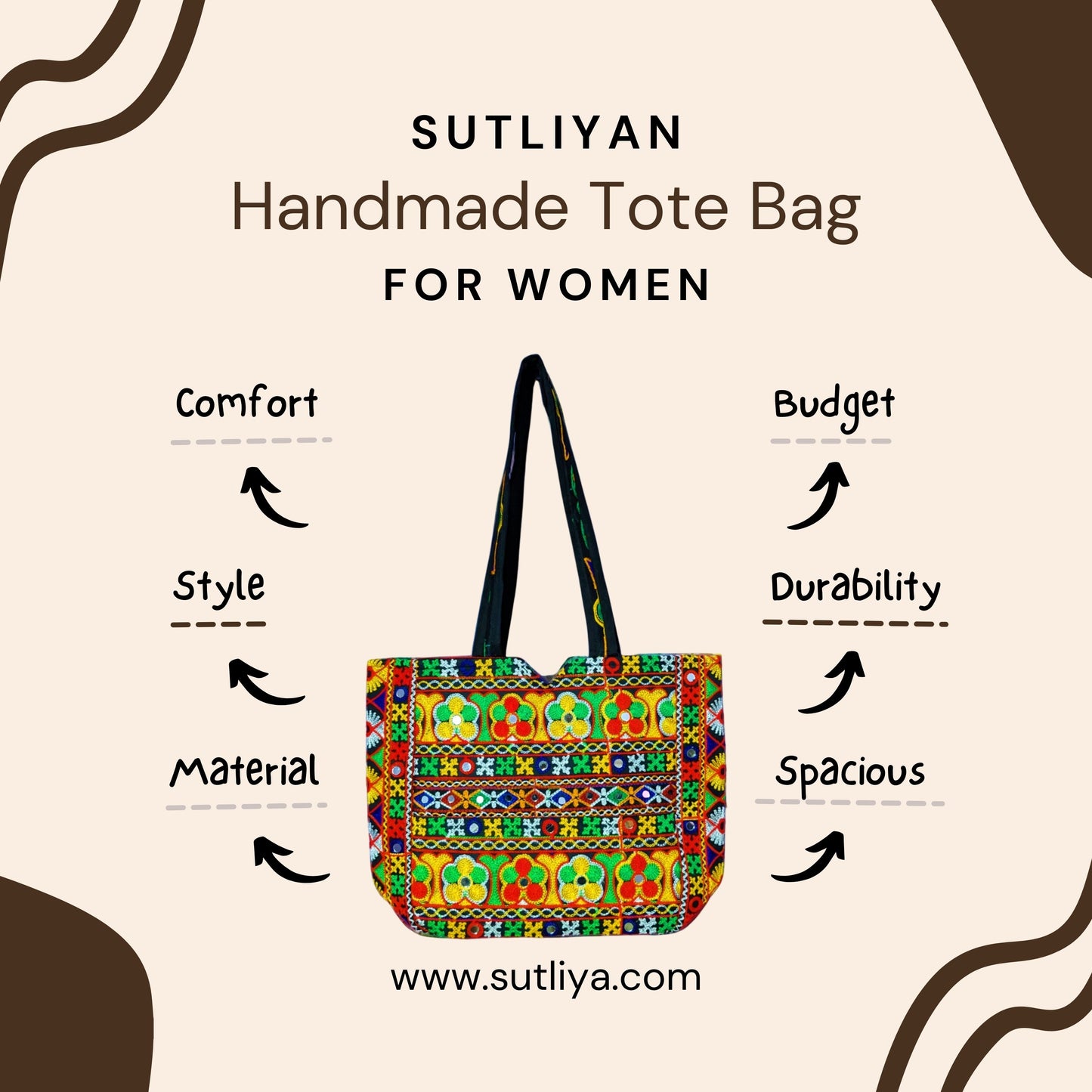 SUTLIYAN Rajasthani Double-Sided Embroidery Black Regular Tote Bag for Women (12*16 Inch)