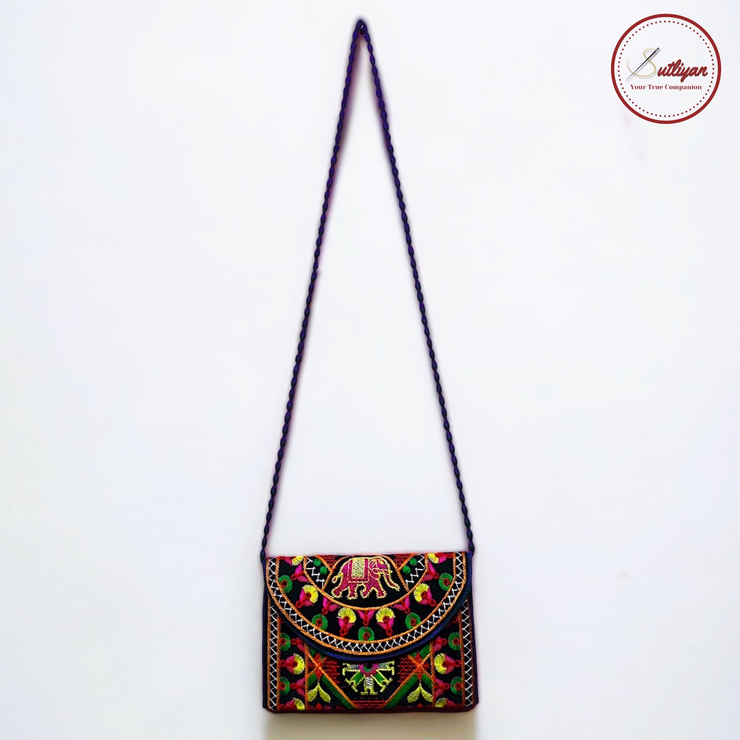 SUTLIYAN Gujarati Handmade Double-Sided Embroidery Black Small Clutch (6*8 Inch)