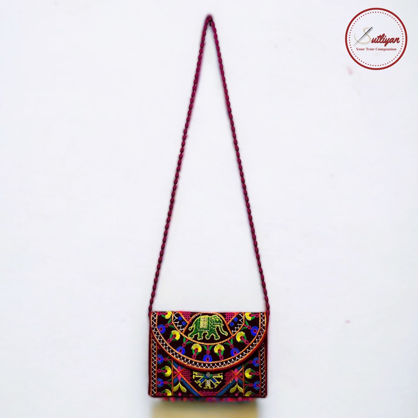 SUTLIYAN Gujarati Handmade Double-Sided Embroidery Maroon Small Clutch (6*8 Inch)