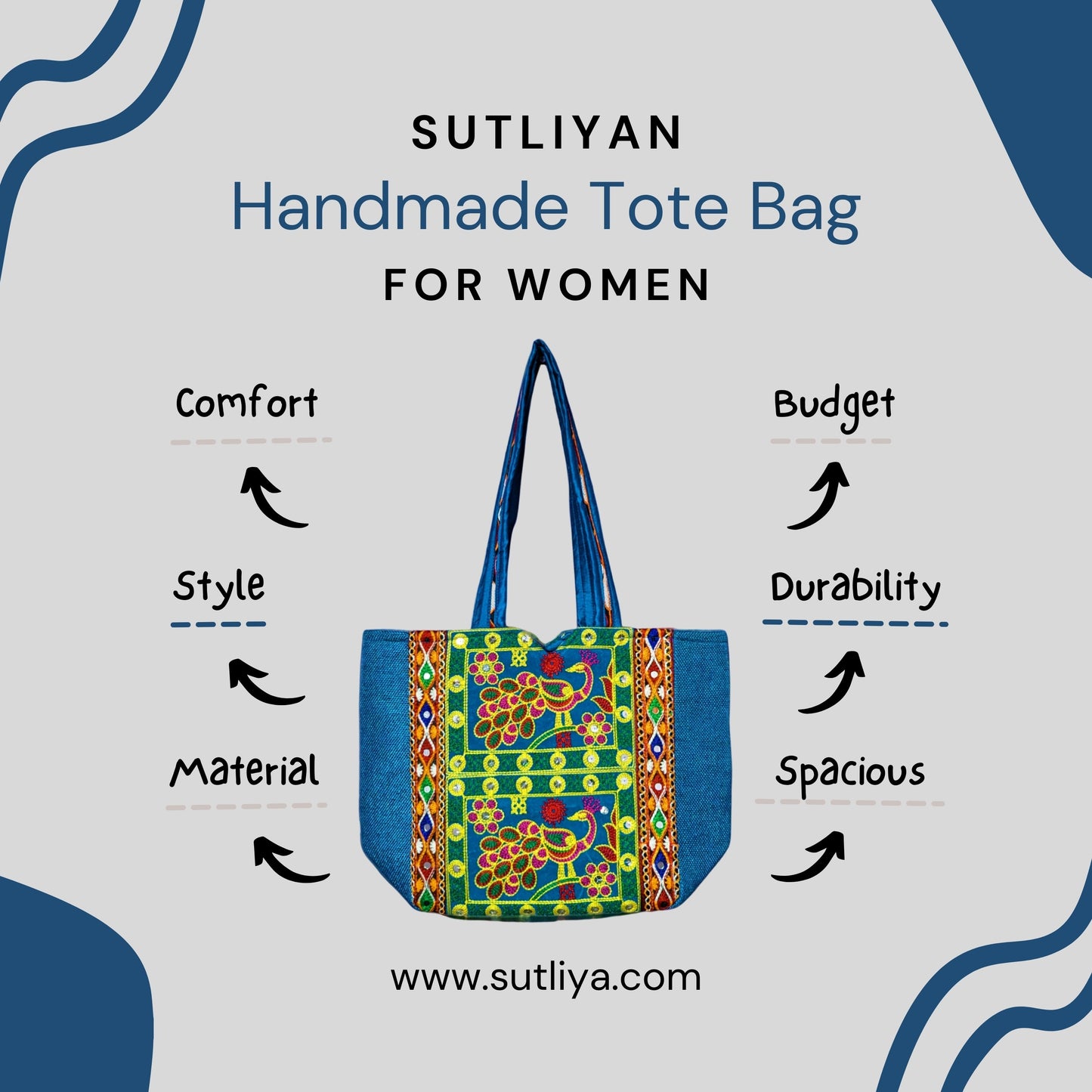 SUTLIYAN Jaipuri Handmade Double-Sided Embroidery Blue Regular Jute Tote Bag for Women (12*16 Inch)