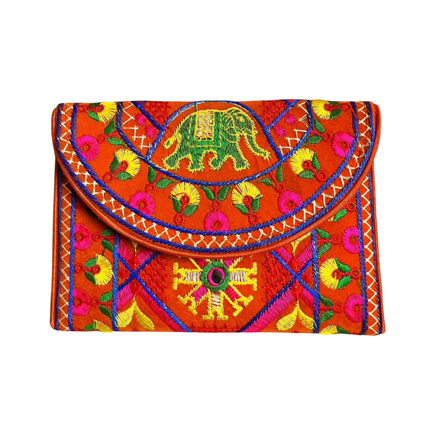 SUTLIYAN Gujarati Handmade Double-Sided Embroidery Orange Small Clutch (6*8 Inch)