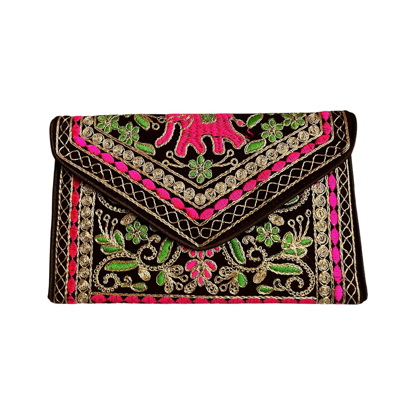 SUTLIYAN Ahmedabadi Handmade Double-Sided Aari-Zari Embroidery Brown Small Clutch (6*8 Inch)