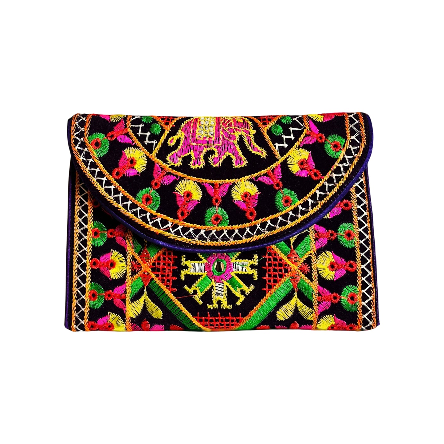 SUTLIYAN Gujarati Handmade Double-Sided Embroidery Black Small Clutch (6*8 Inch)