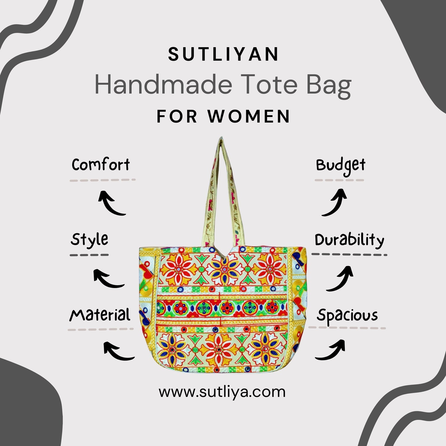 SUTLIYAN Jaipuri Double-Sided Embroidery Flower Design White Large Tote Bag for Women (14*19 Inch)