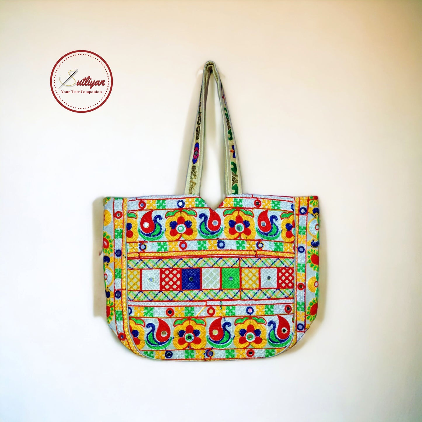 SUTLIYAN Jaipuri Double-Sided Embroidery White Large Tote Bag for Women (14*19 Inch)