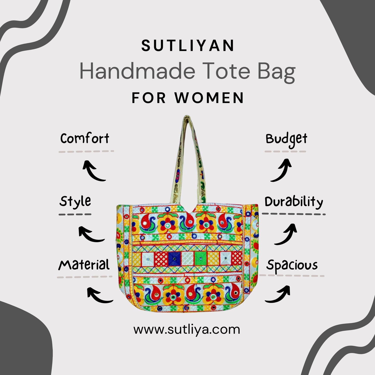 SUTLIYAN Jaipuri Double-Sided Embroidery White Large Tote Bag for Women (14*19 Inch)