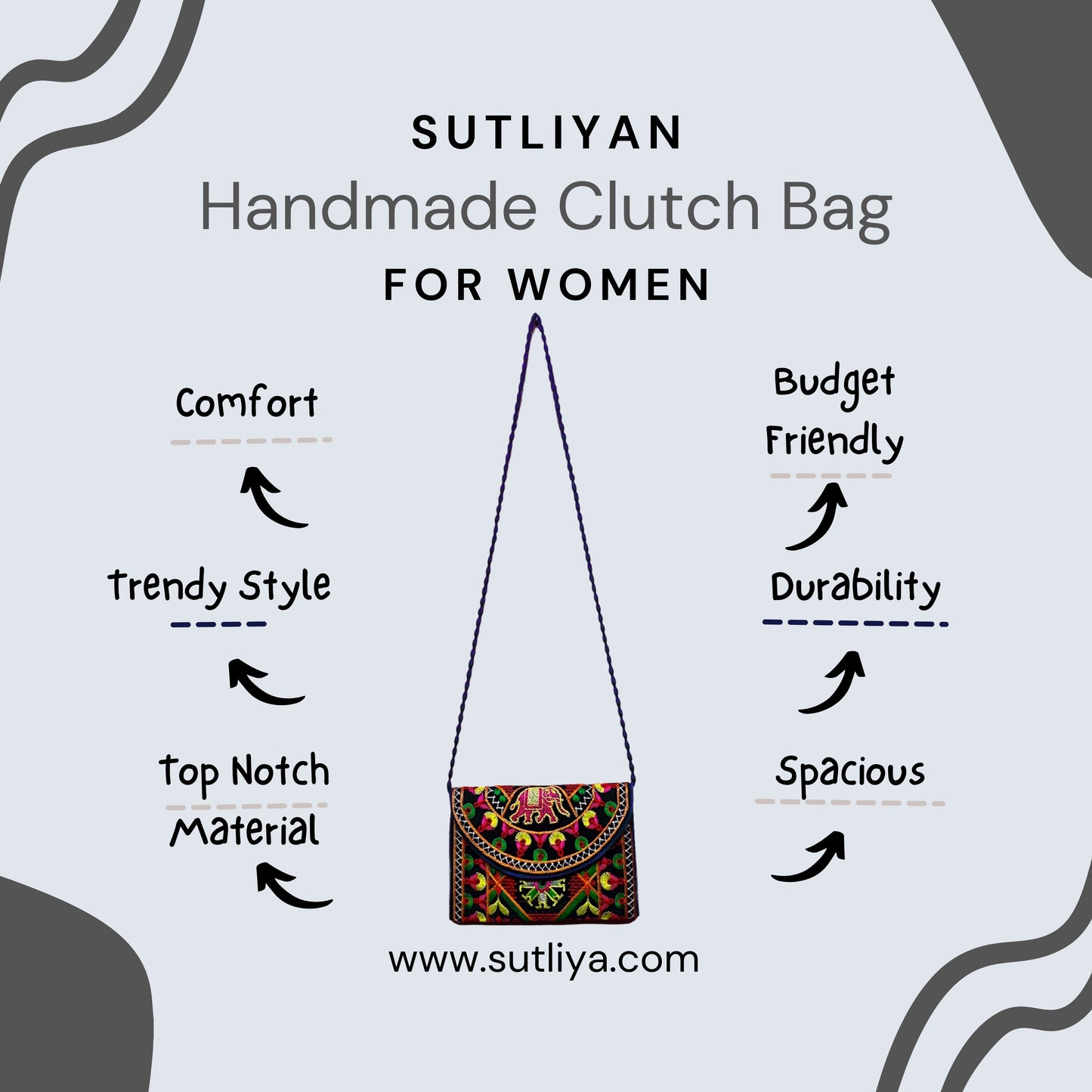 SUTLIYAN Gujarati Handmade Double-Sided Embroidery Black Small Clutch (6*8 Inch)