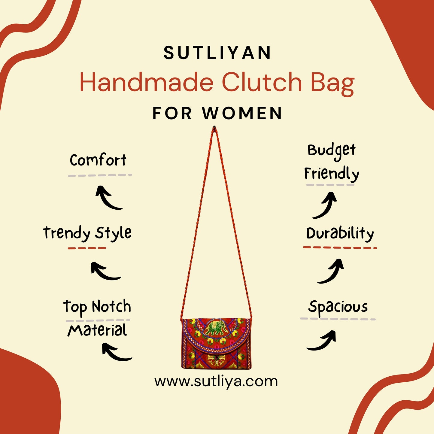 SUTLIYAN Gujarati Handmade Double-Sided Embroidery Orange Small Clutch (6*8 Inch)