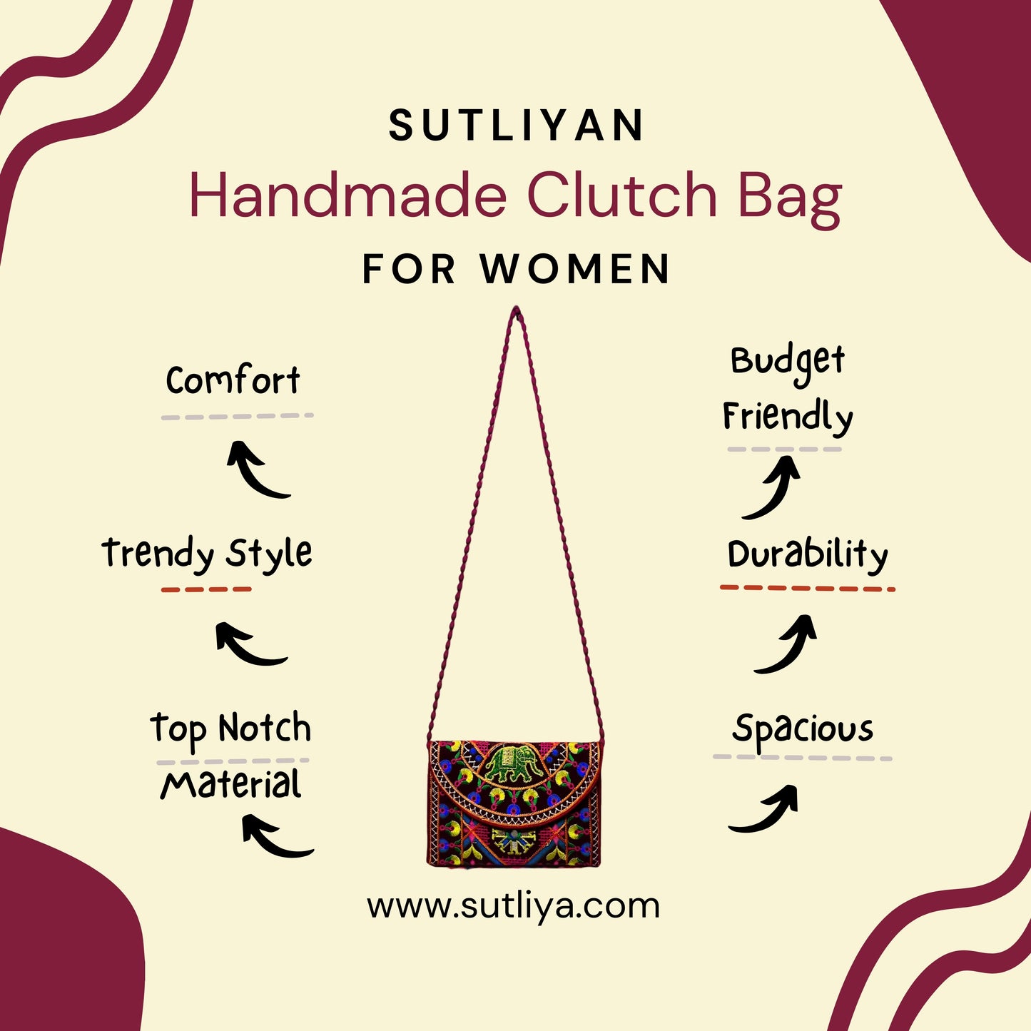 SUTLIYAN Gujarati Handmade Double-Sided Embroidery Maroon Small Clutch (6*8 Inch)